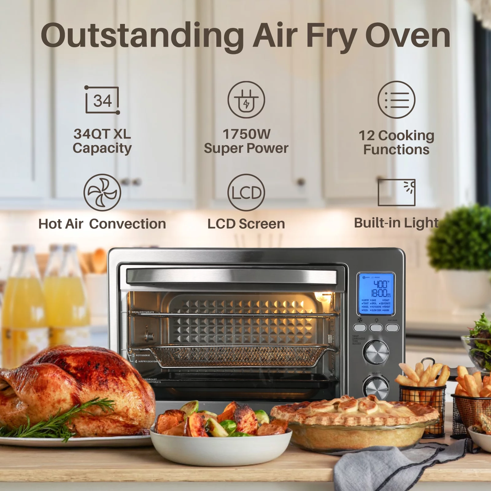 LNC Air Fryer Toaster Oven 12-in-1 Countertop Oven with Speedy Convection, Large 34 QT Capacity, 1750W, Stainless Steel - Gray - Cheap Fitting
