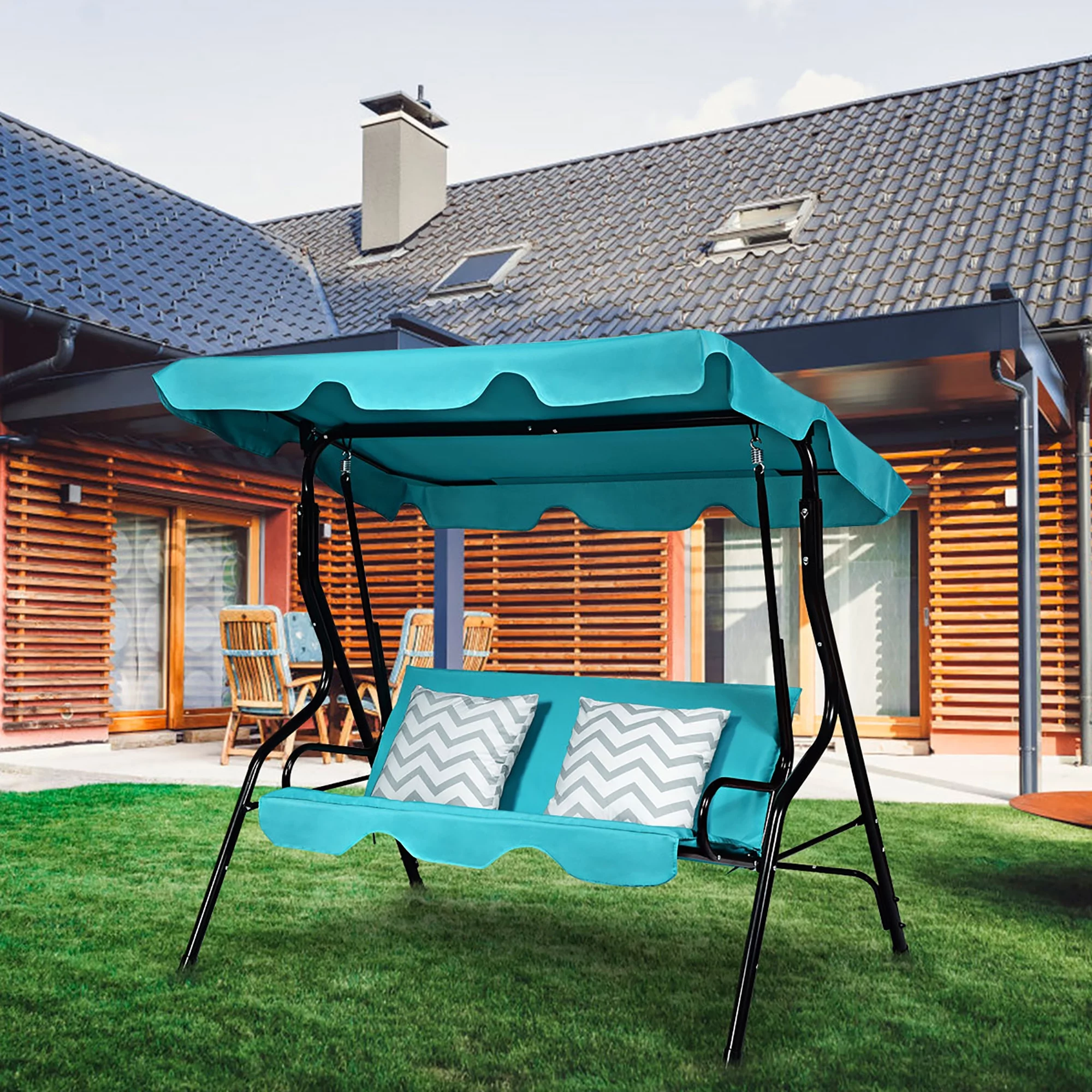 Costway Patio 3 Seats Canopy Swing Glider Hammock Cushioned Backyard Blue - Cheap Fitting