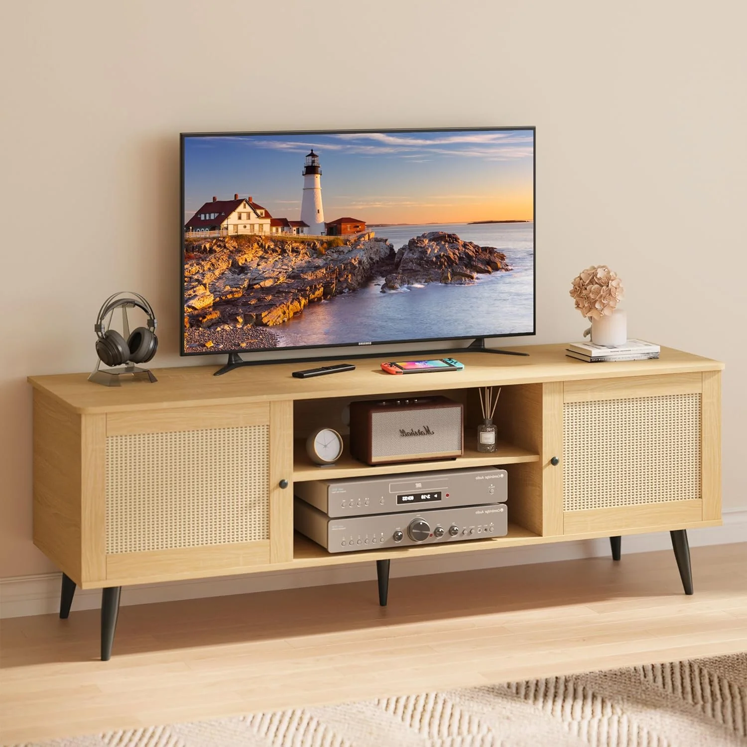 Aiho Rattan 55'' TV Stand , Entertainment Center for Living Room with 2 Cabinets - Cheap Fitting