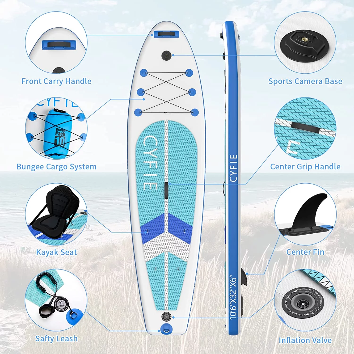 Paddle Board for Adult, Inflatable Surfboard Fishing Standup Cyfie Paddle Board 10.6 ft - Cheap Fitting