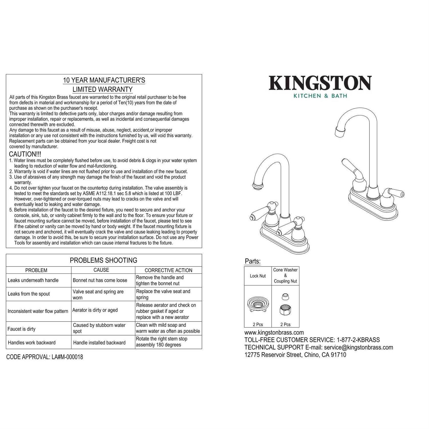 Kingston Brass KB491ADA Vista Bar Faucet - Cheap Fitting