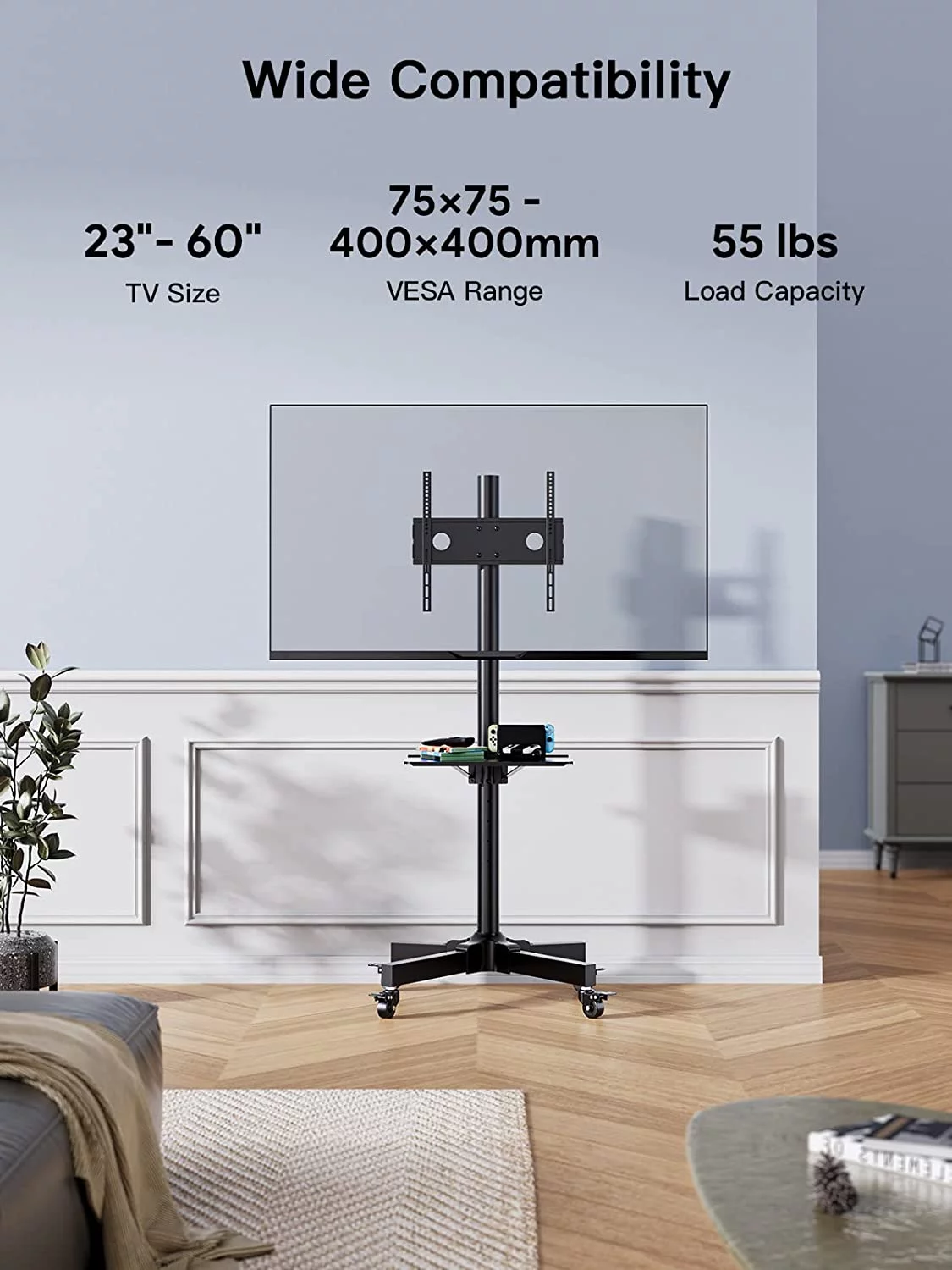 Mobile TV Stand for 23 to 60 inch TVs Height Adjustable TV Cart with Wheels, Holds up to 55lbs, Max 400x400mm, Black - Cheap Fitting