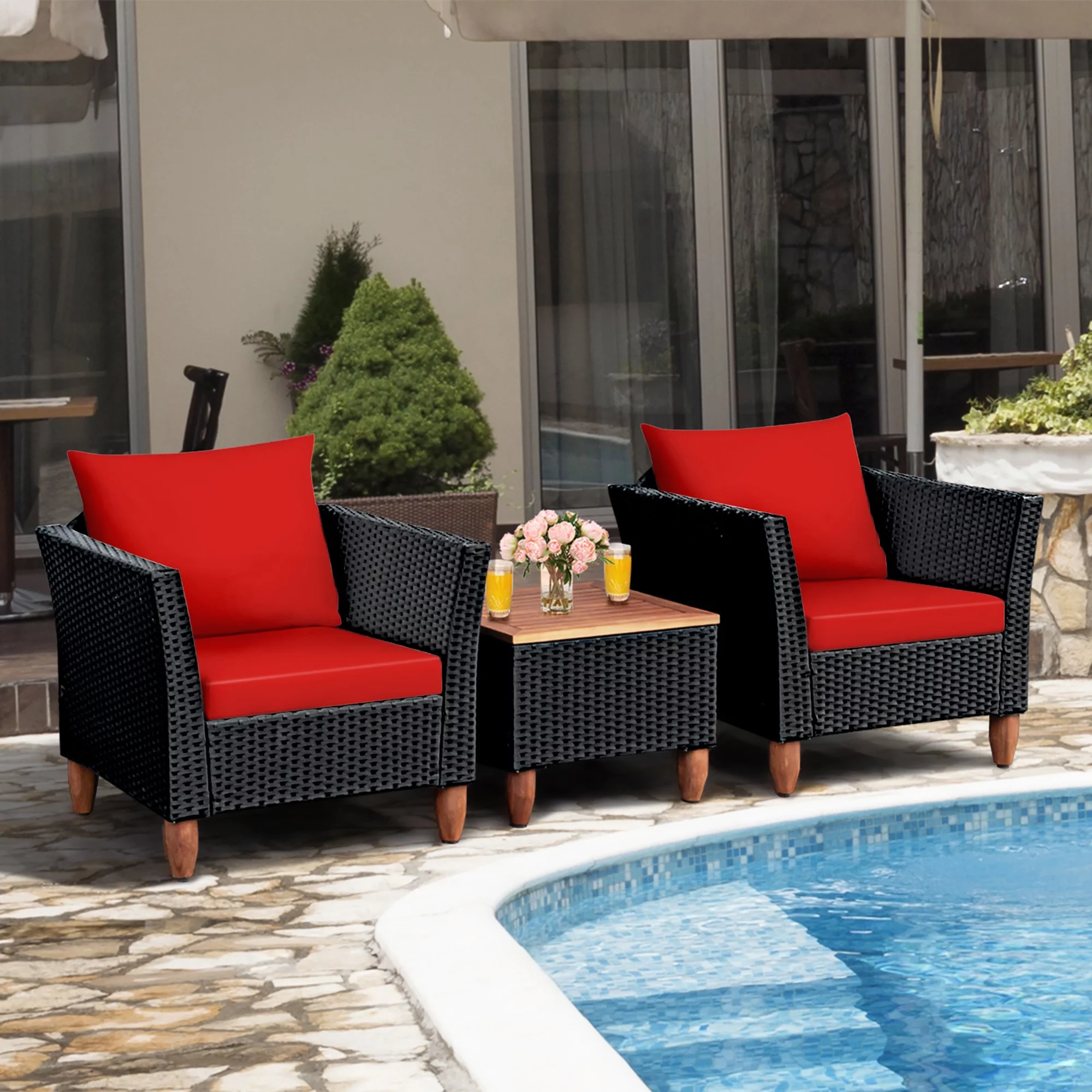 Costway 3PCS Outdoor Patio Rattan Furniture Set Wooden Table Top Cushioned Sofa Navy - Cheap Fitting