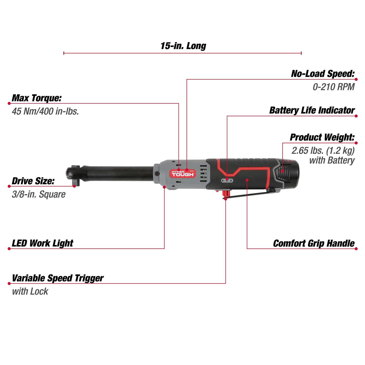 Hyper Tough 12V Max* 3/8-in Lithium-Ion Cordless Extended Reach Ratchet with 1.5Ah Battery and Charger 99323 - Cheap Fitting