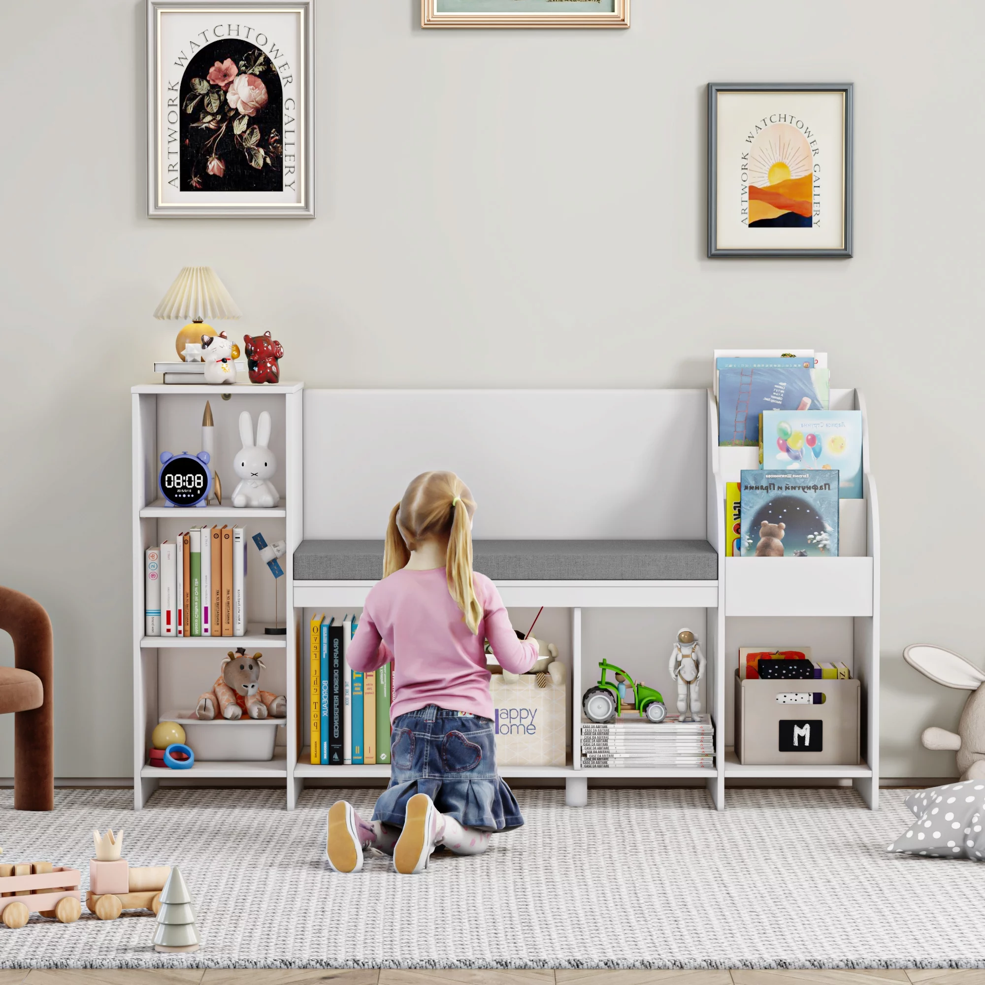 Homfa 31.5'' H x 54.5'' W Kids Bookshelf with Reading Nook, 2 Seats 7 Cube Wooden Child Toy Storage Organizer for Playroom, White - Cheap Fitting