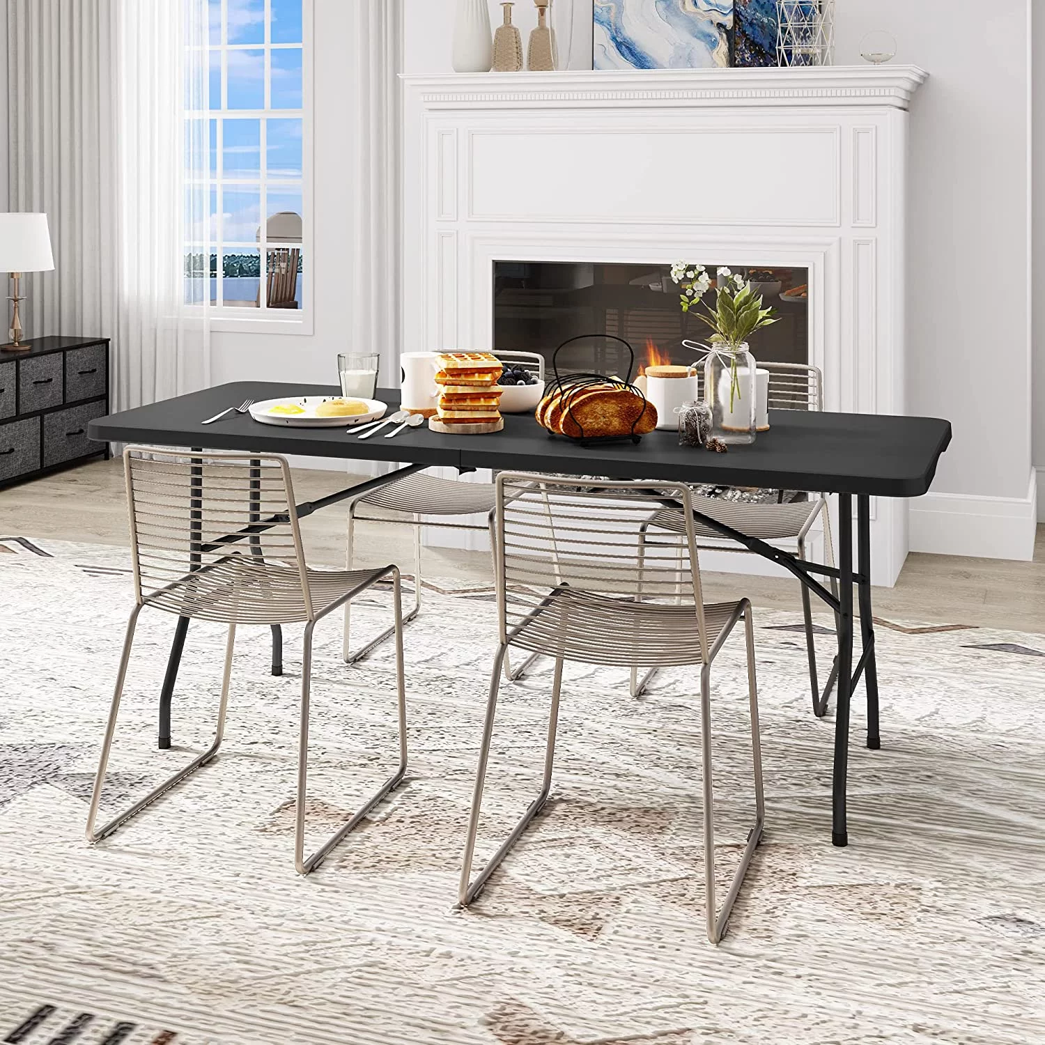 DWVO Folding Tables Heavy Duty Folding Table 6ft with Carrying Handle Plastic Fold up Table for Outdoor Camping Picnic Parties/Indoor Events All in Black - Cheap Fitting