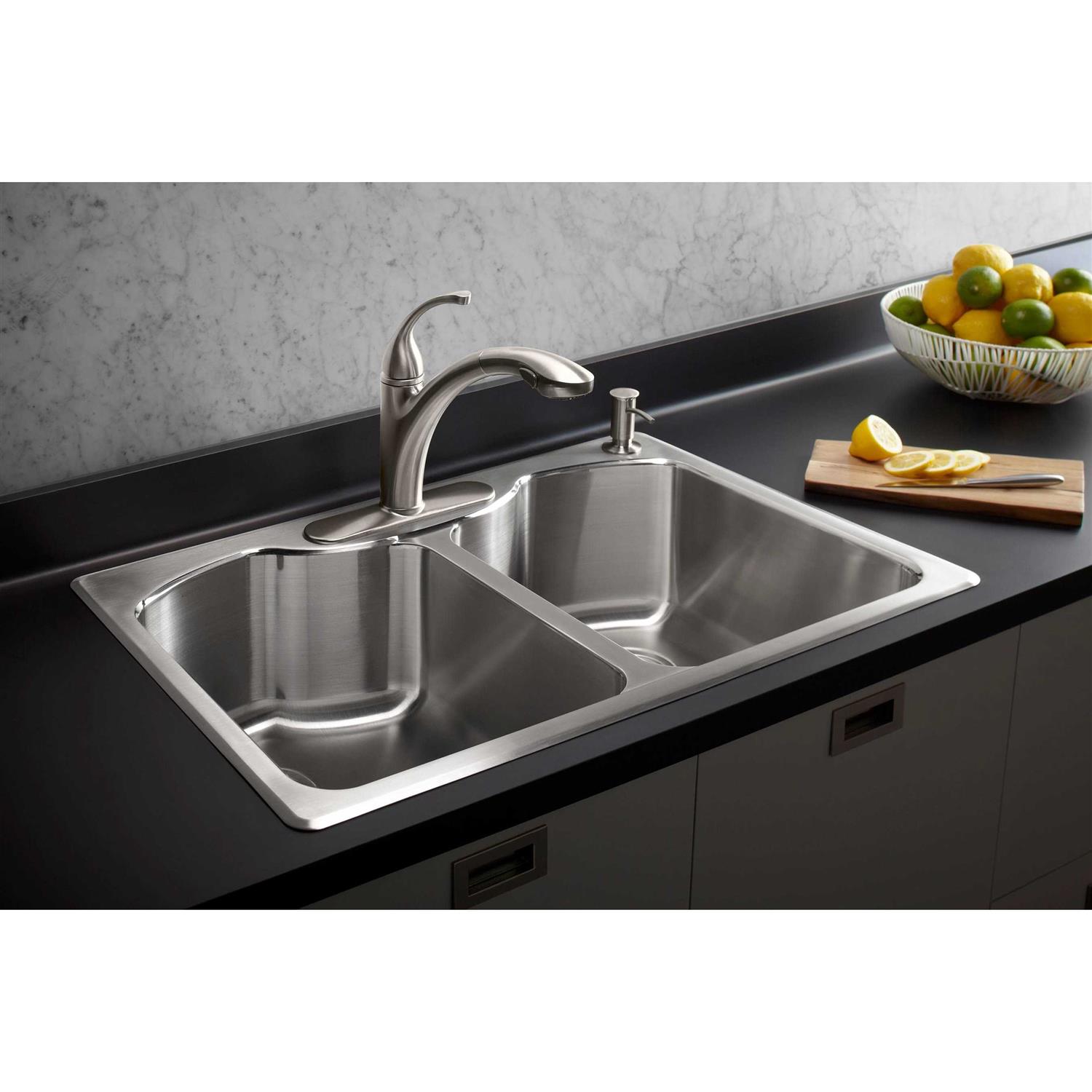 Kohler 3842-4-NA Octave 33 x 22 x 9-5/16 Top-mount Double-Equal Stainless Steel Kitchen Sink with Four Faucet Holes - Cheap Fitting
