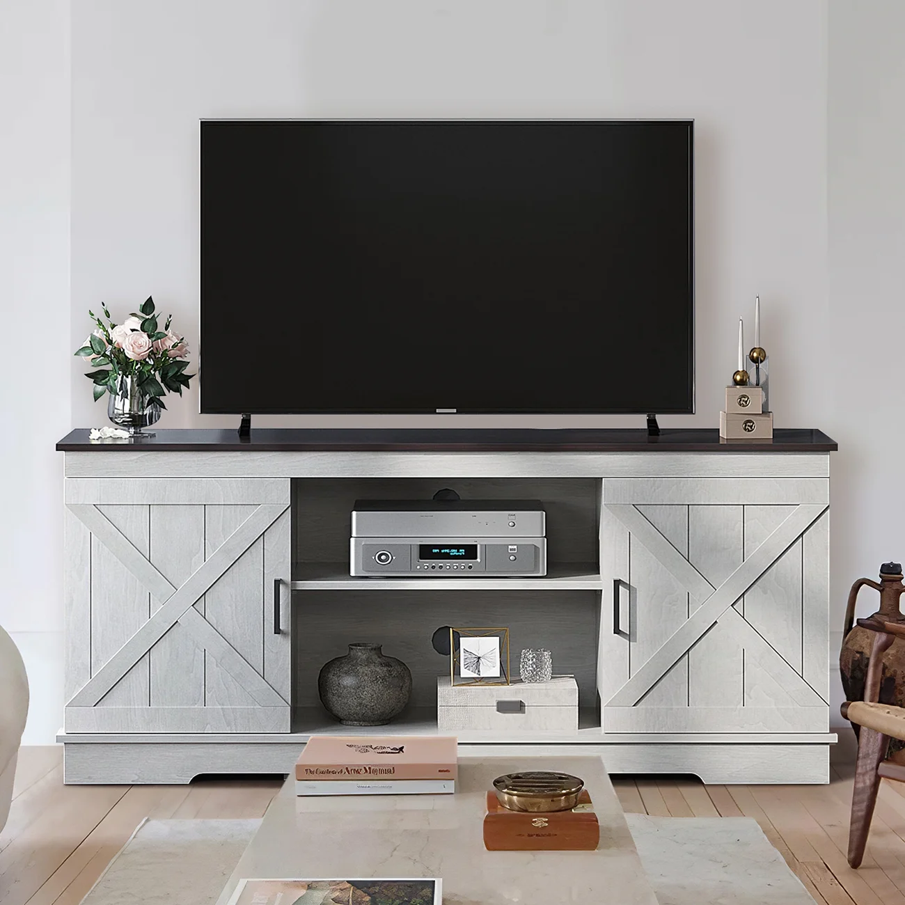 Dextrus Farmhouse TV Stand for 65 inch TV, Entertainment Center for 300lbs with Double Barn Doors, TV Media Console, Grey Wash - Cheap Fitting