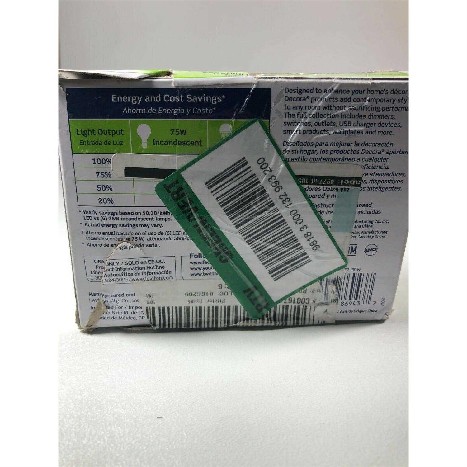 Leviton Decora SureSlide White 600 watts Slide Dimmer 6672-3PW - Cheap Fitting