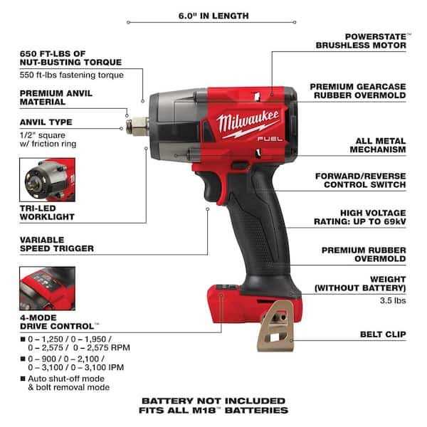 Milwaukee M18 FUEL GEN-2 18V Lithium-Ion Mid Torque Brushless Cordless 1/2 in Impact Wrench - Cheap Fitting