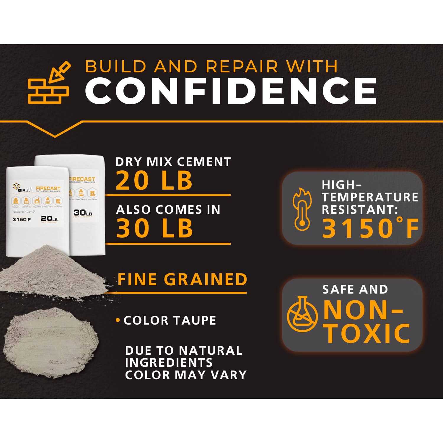 Girtech FireCast Castable Refractory Cement Mix 3110 Degree Fahrenheit High Temperature Heat Resistant Fireproof Mortar Build Repair Pizza - Cheap Fitting