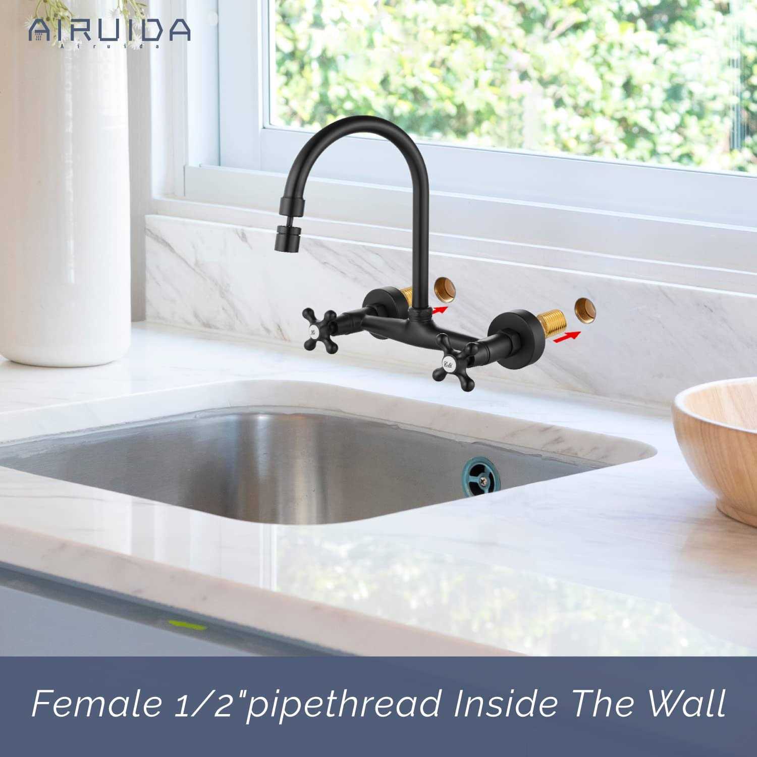 Airuida Wall Mount Kitchen Faucet Matte Black 8 Inch Center Wall Mount Faucet Kitchen with Sprayer Double Cross Handles 360 Degr - Cheap Fitting