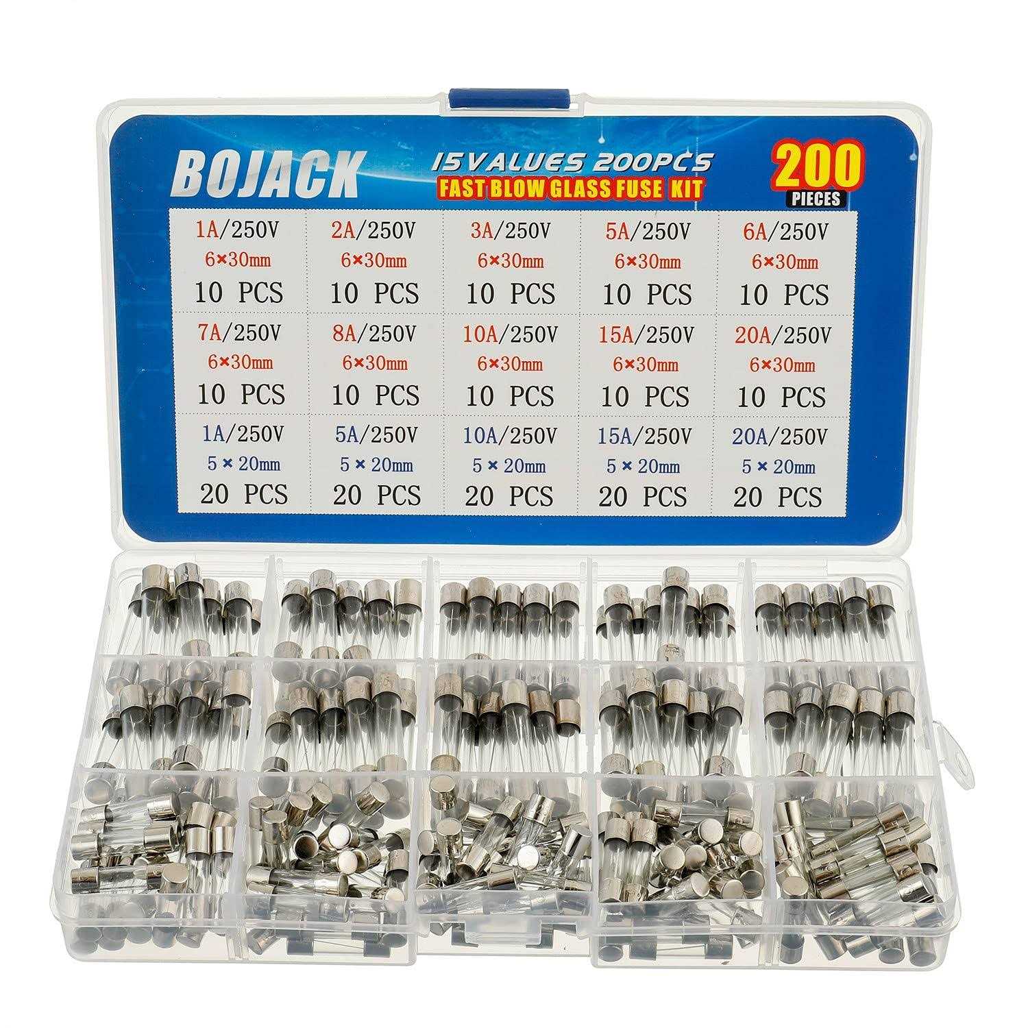 BOJACK 15 Values 200 pcs Fast-Blow Glass Fuses Assortment Kit 5x20mm 250V 1 5 10 15 20A 6x30mm 250V 1 2 3 5 6 7 8 10 15 20A amp packag in A Clear - Cheap Fitting