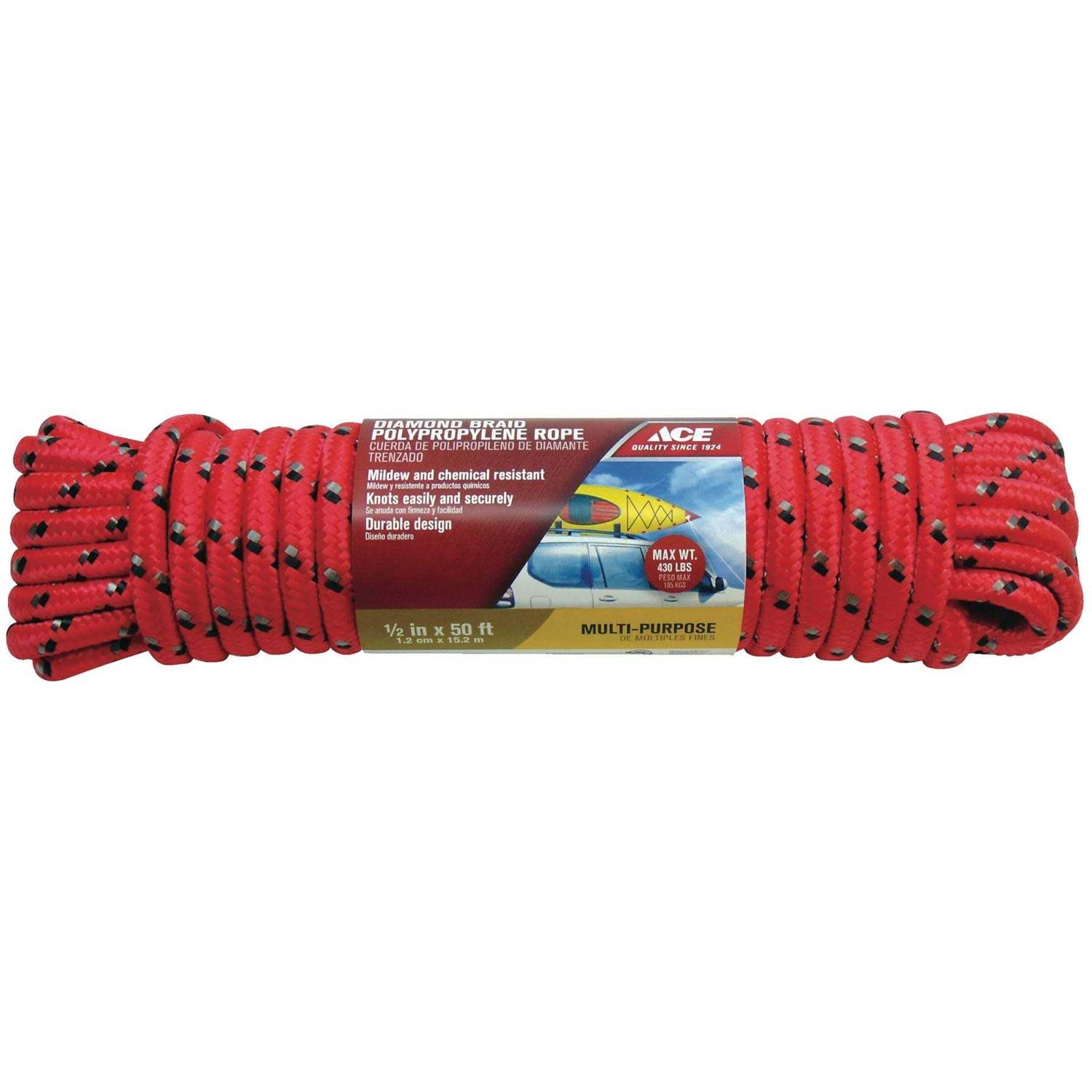 Ace 3/8 in. D x 50 ft. L Assorted Diamond Braided Polypropylene Rope	Ace 3/8 in. D x 50 ft. L Assorted Diamond Braided Polypropylene Rope - Cheap Fitting