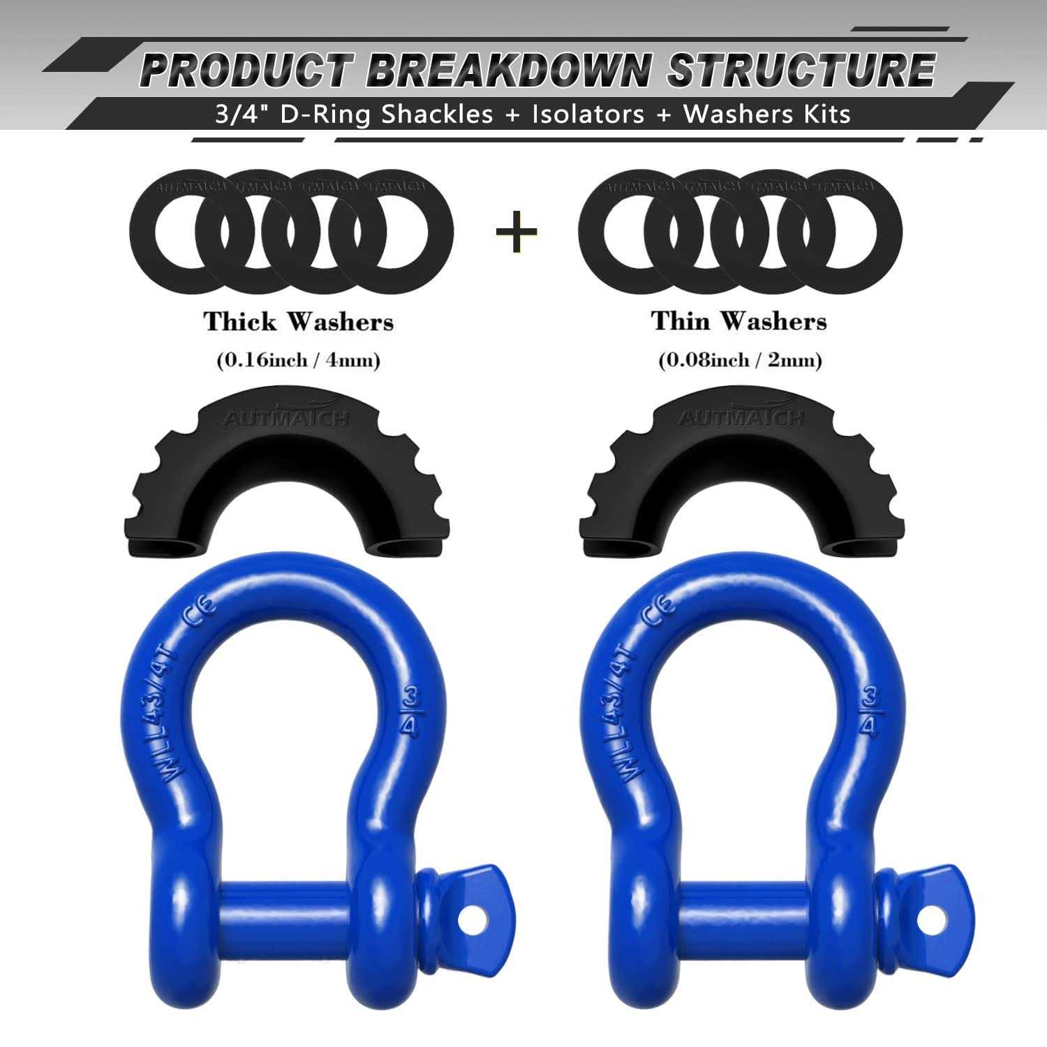 AUTMATCH 3/4 inch D Ring Shackle 41,887Ibs Break with 7/8 inch Screw Shackle & Washers Strap Winch Road Vehicle Red MSK001B - Cheap Fitting