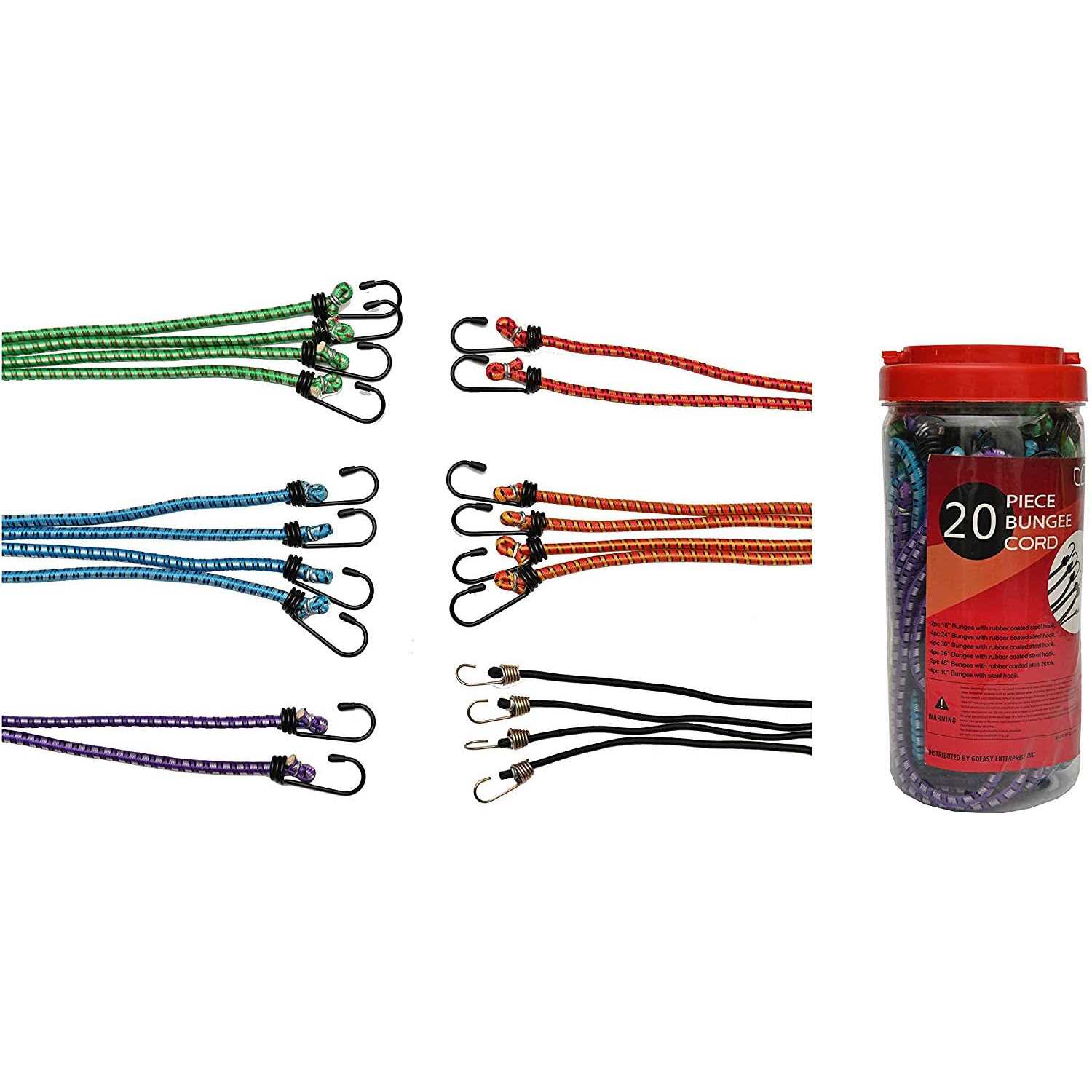 GOEASY0312 Premium Bungee Cords Heavy Duty 20 Piece Bungee Cords with Hooks in A Storage Jar Includes 10 - Cheap Fitting