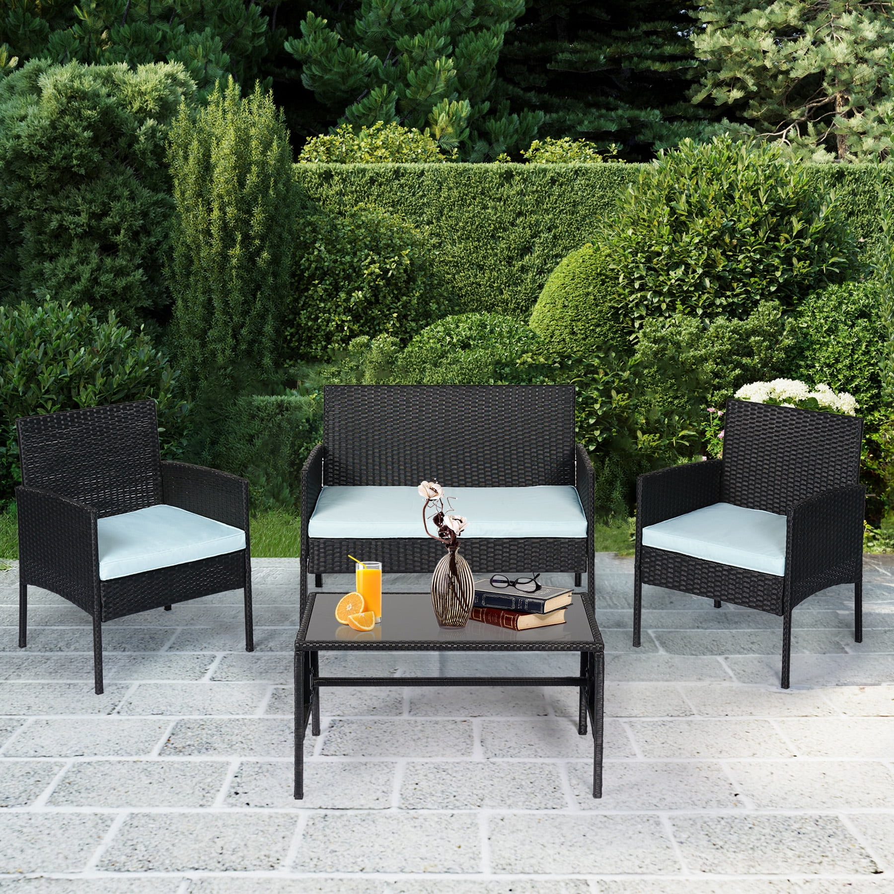 Tappio 4 Piece Patio Conversation Wicker Furniture Set, Outdoor Patio Sectional Furniture Set w/Glass-Top Coffee Table & Gray Cushions, Cushioned Sofa Table for Patio, Red - Cheap Fitting