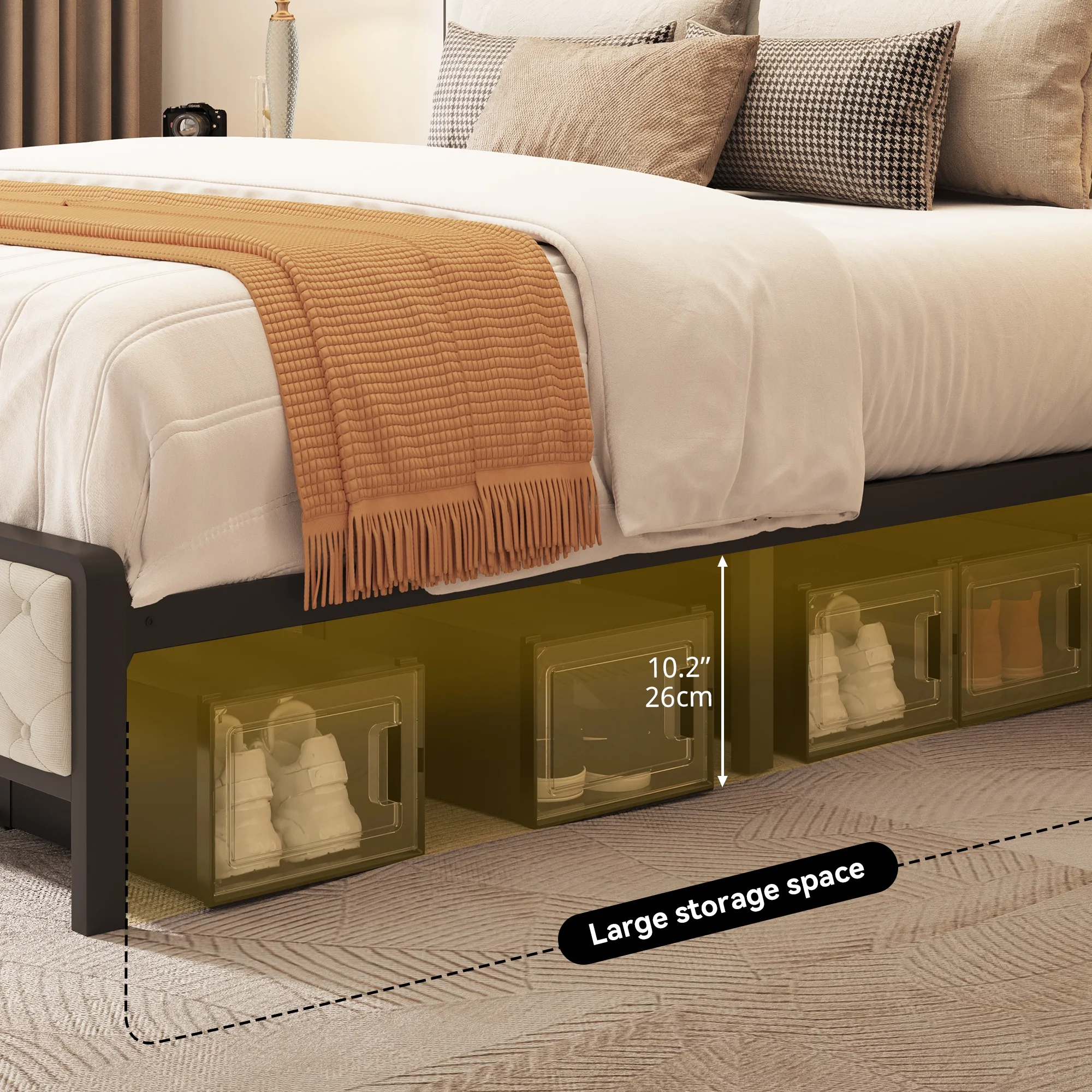 Dextrus Queen Size Bed Frame with Charging Station Footboard Metal Slats, and Storage Headboard, Beige - Cheap Fitting