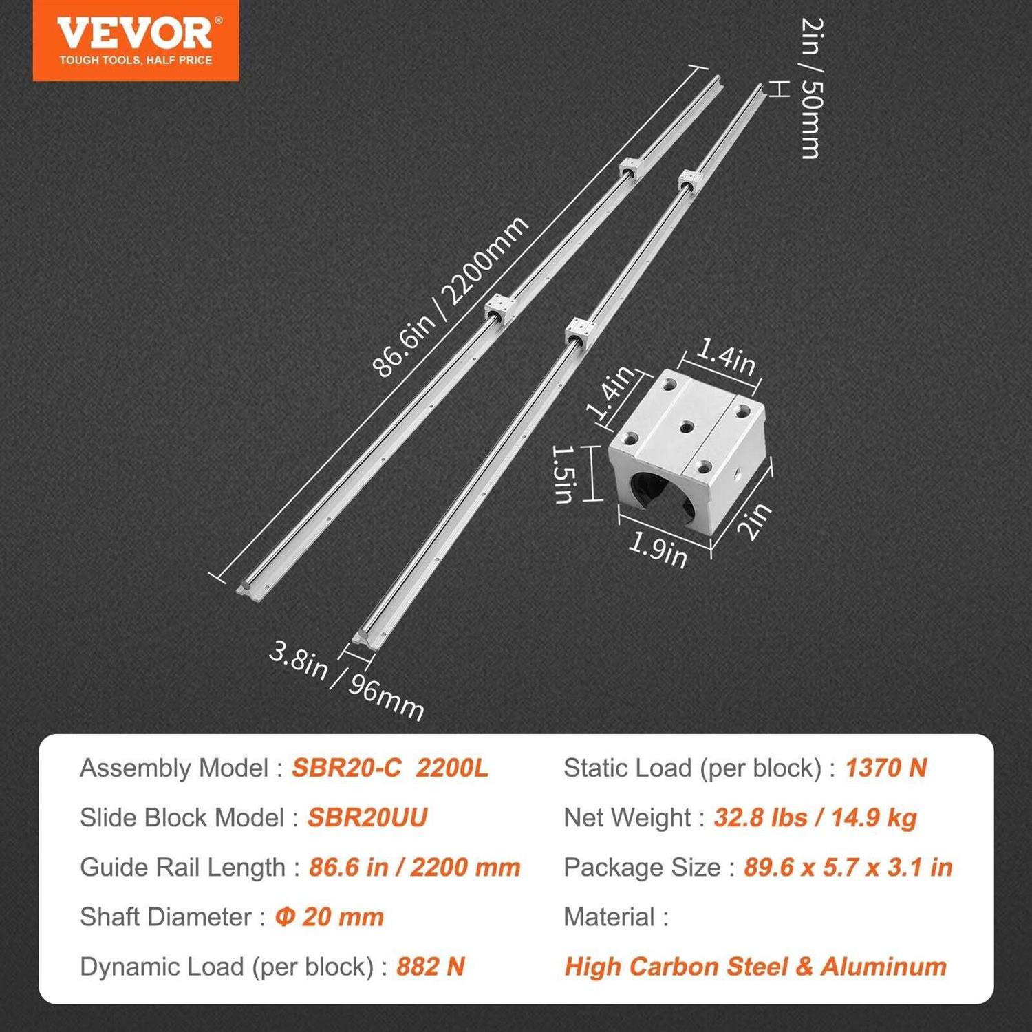 VEVOR Linear Guide Rail Set SBR20 1200-2200mm 2×47.2in Guide Rails&4 Slide Blocks for Automated Machines CNC Router Machines	VEVOR Linear Guide Rail Set SBR20 1200-2200mm 2×47.2in Guide Rails&4 Slide Blocks for Automated Machines CNC Router Machines - Cheap Fitting