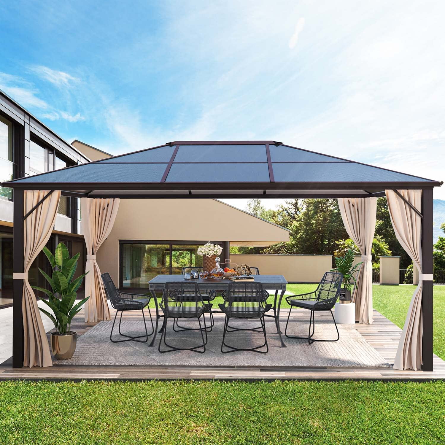 Yoleny 12'x16' Outdoor Polycarbonate Double Roof Hardtop 12 ft Gazebo Canopy, Brown - Cheap Fitting