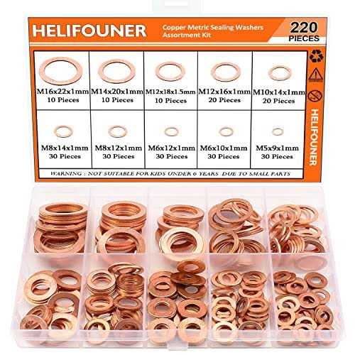 220 Pieces Copper Washers HELIFOUNER 10 Sizes Copper Metric Sealing Washers - Cheap Fitting
