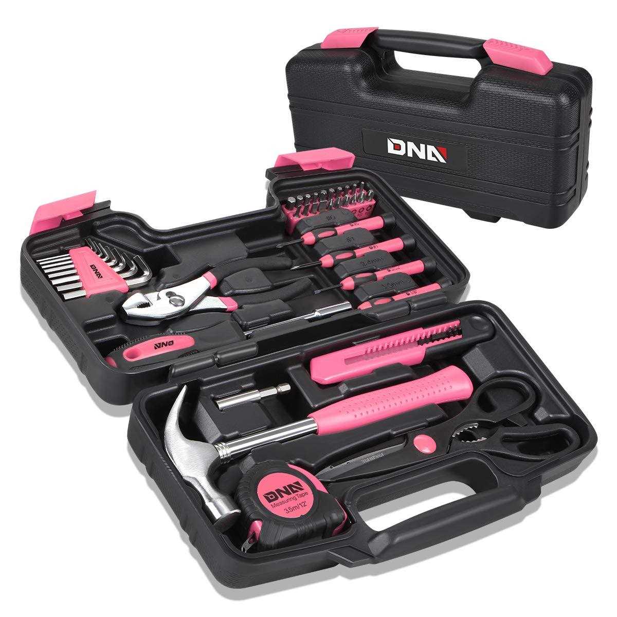 Dna Motoring Tools-00009 Pink 39 PCs Portable Tool Kit Household Hand Toolbox General Repair Screwdriver Pliers Hammer Hex Set - Cheap Fitting