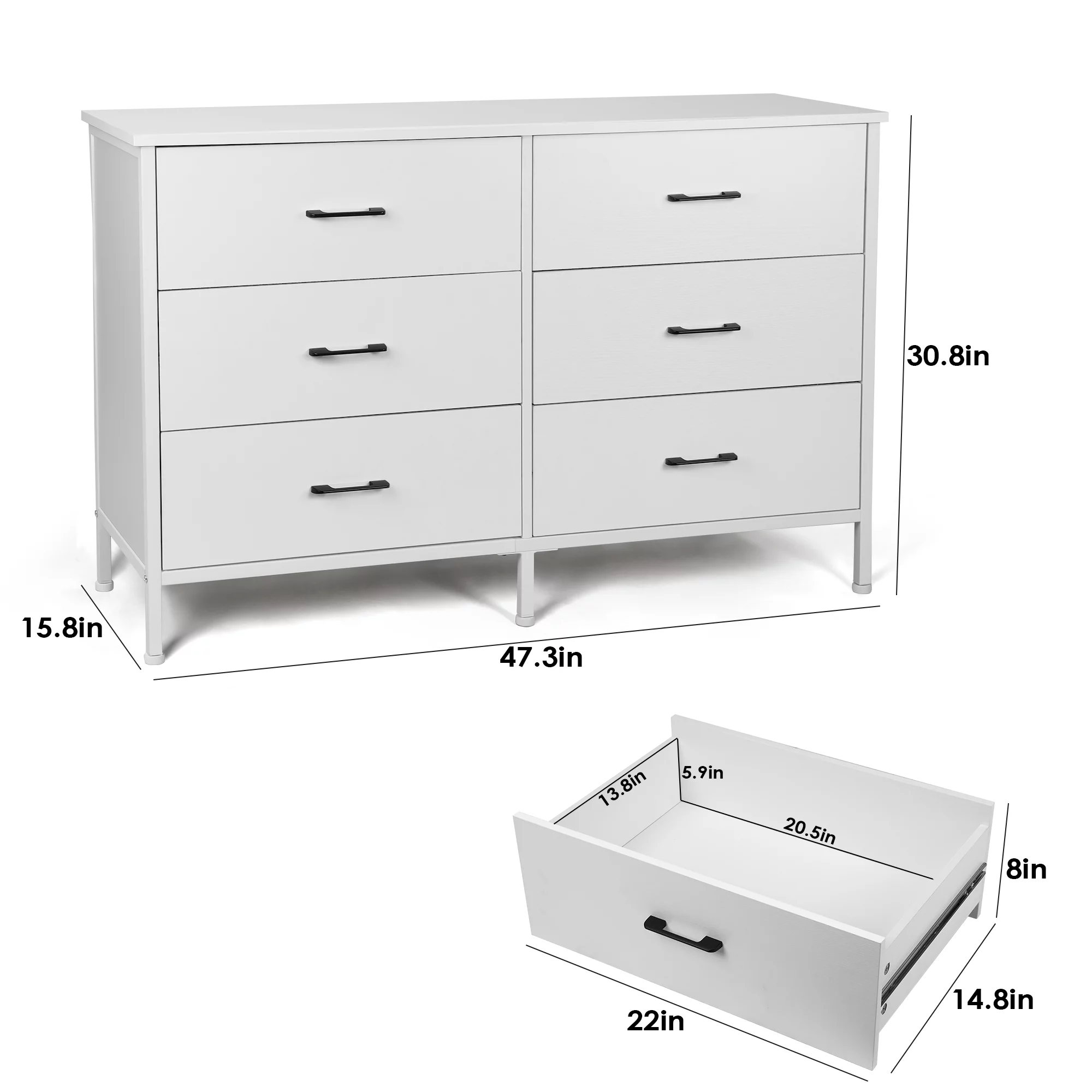 47.3'' Drawer Dresser Chest of 6 Drawers, Storage Dresser Tower for Bedroom, Living Room, Hallway, Nursery, White Storage Cabinet Wooden Dresser with Steel Frame, White - Cheap Fitting