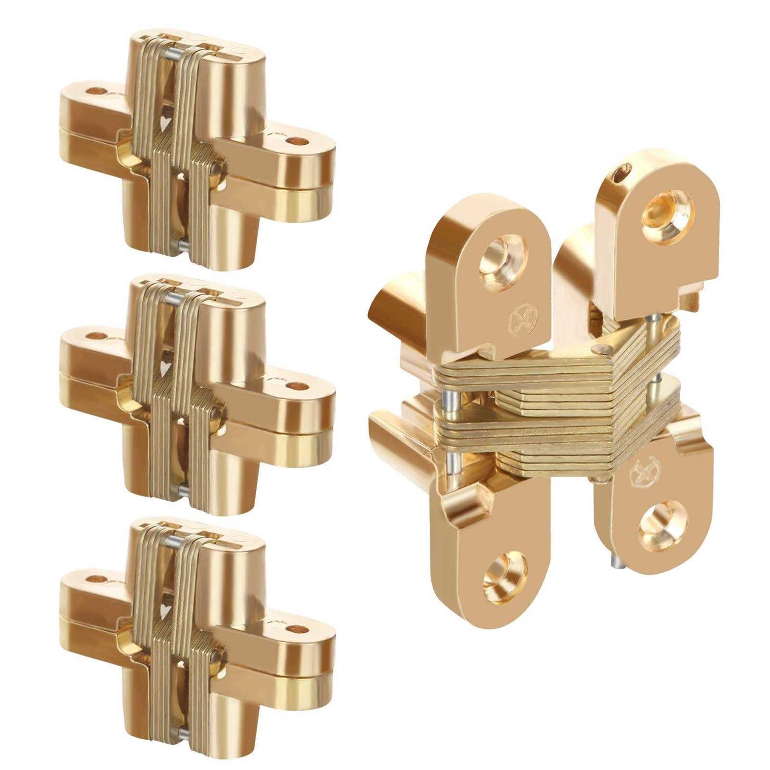 Golden Hidden Door Hinges 4 Pack Concealed Cross Hinge Invisible 180 Degree Swing Invisible Hinge for Cabinets - Cheap Fitting