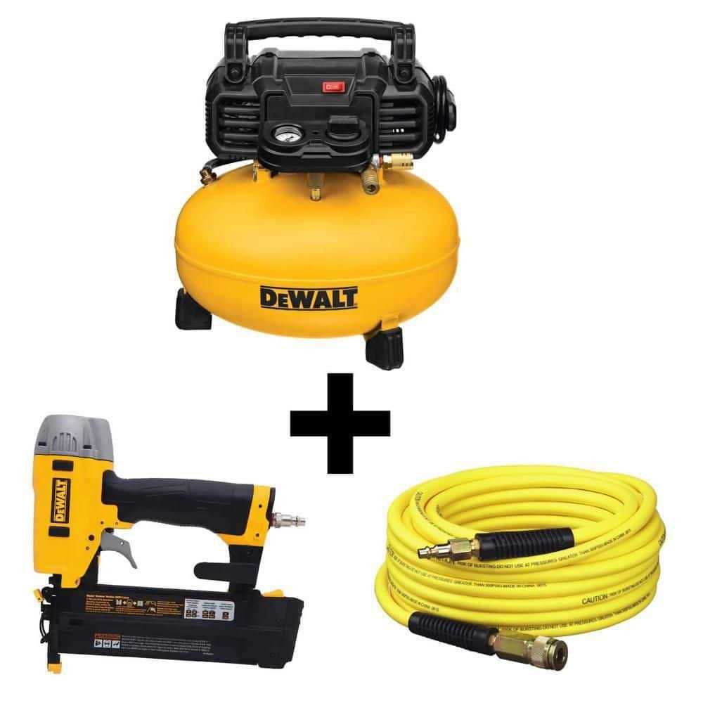 DEWALT 6 Gal. 165 PSI Electric Pancake Air Compressor with 18-Gauge Pneumatic 2 in. Brad Nailer & 50 ft. x 1/4 in. Air Hose - Cheap Fitting