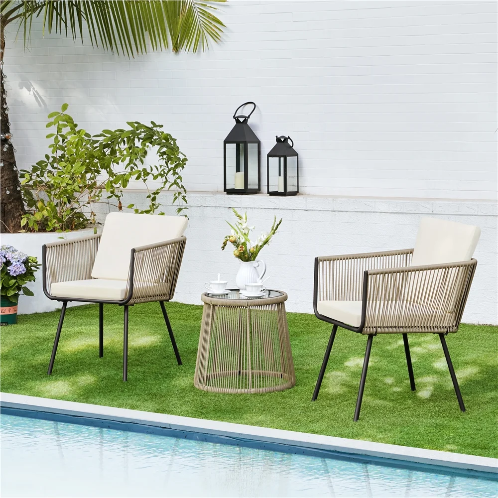 Yaheetech 3-Piece Outdoor Metal Frame Wicker Bistro Set, Tan/Cream - Cheap Fitting