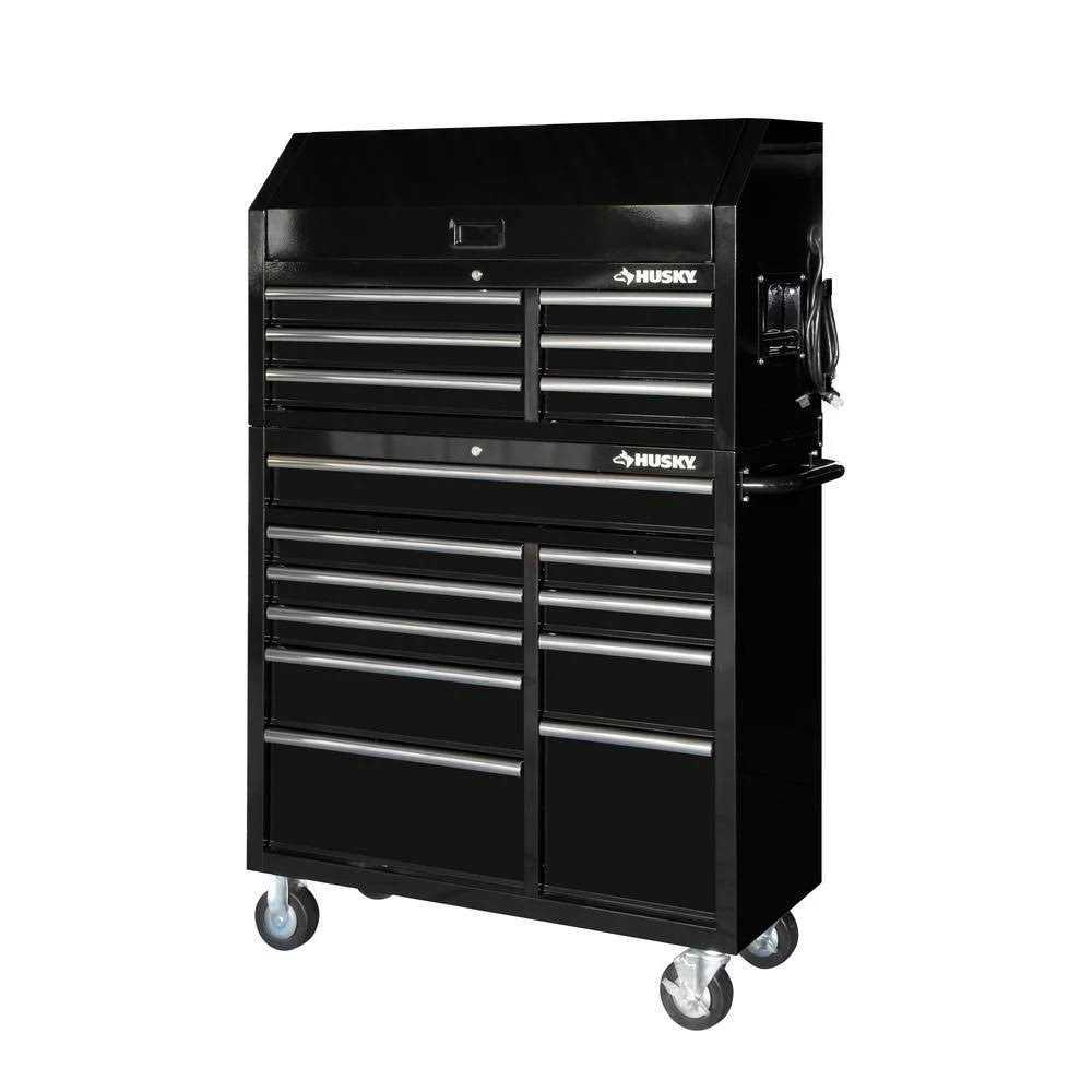 Husky 41 in. W x 24.5 in D Standard Duty 16-Drawer Combination Rolling Tool Chest and Top Tool Cabinet Set in Gloss Black - Cheap Fitting