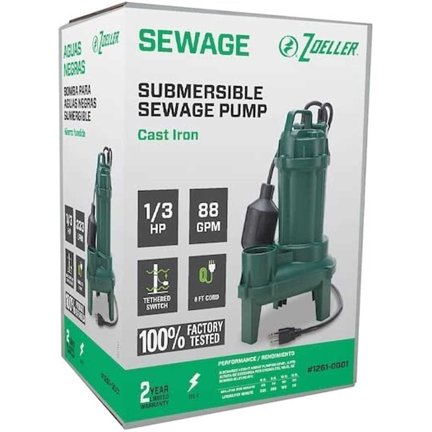 Zoeller 1/3 HP 5250 gph Cast Iron Tethered Float Switch Sewage Pump 1261-0001 - Cheap Fitting