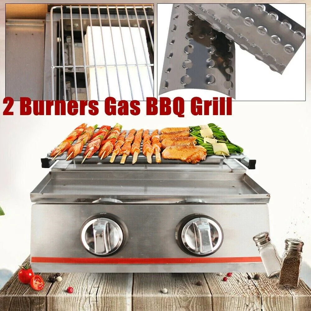 2 Burners Portable BBQ Table Top Camping Gas Smokeless Grill Stainless Steel - Cheap Fitting