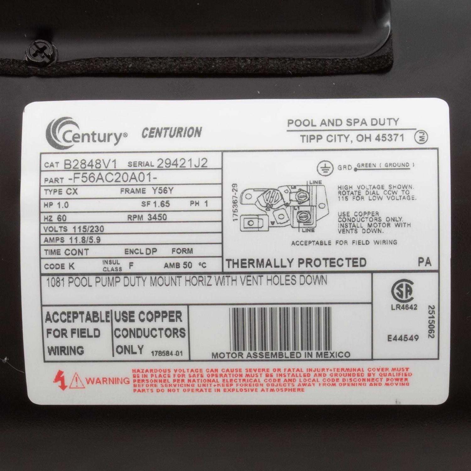 Century B2848V1 1HP Replacement Motor - Cheap Fitting