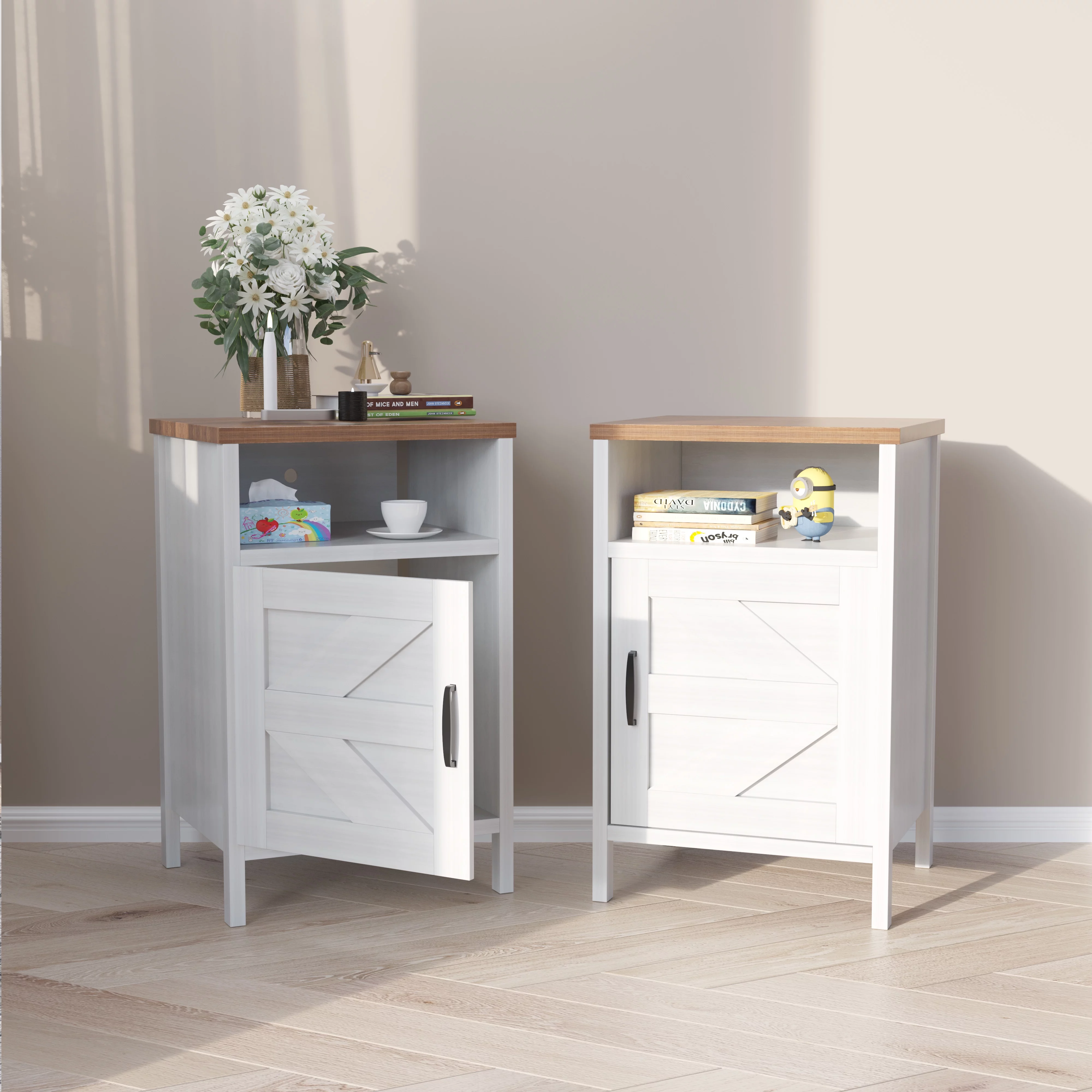 Devoko Farmhouse Nightstand with Storage Shelves, White Nightstand Set of 2 - Cheap Fitting