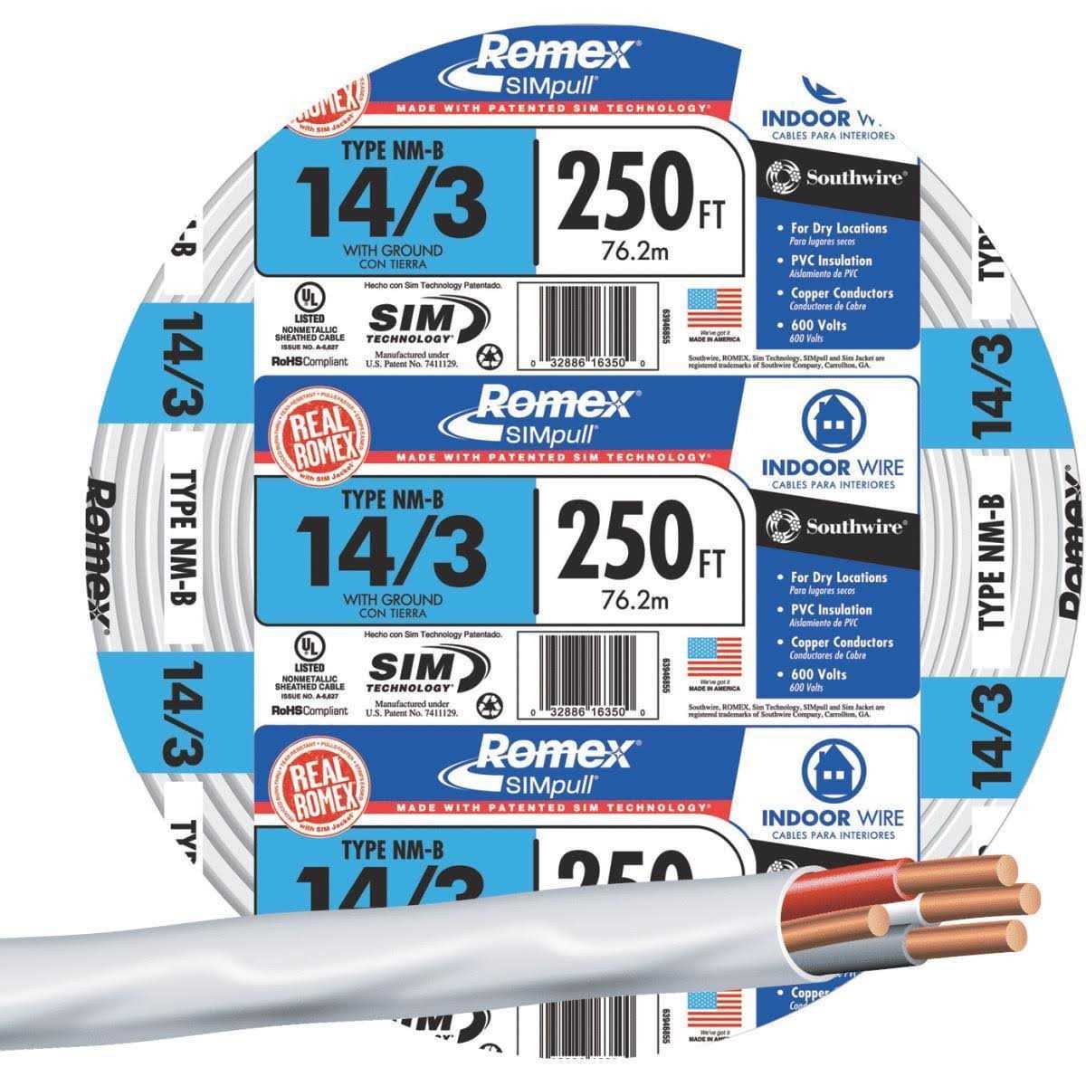 Romex 250′ Roll 14/3 Nm-b Indoor Electrical Copper Wire - Cheap Fitting