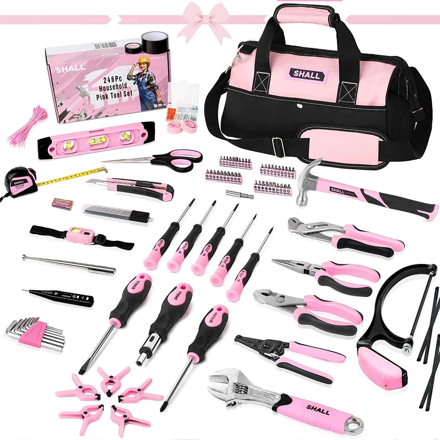 SHALL Pink Tool Set 246-Piece Home Tool Set for Women Ladies Basic Tool Kit for House with Tool Bag - Cheap Fitting