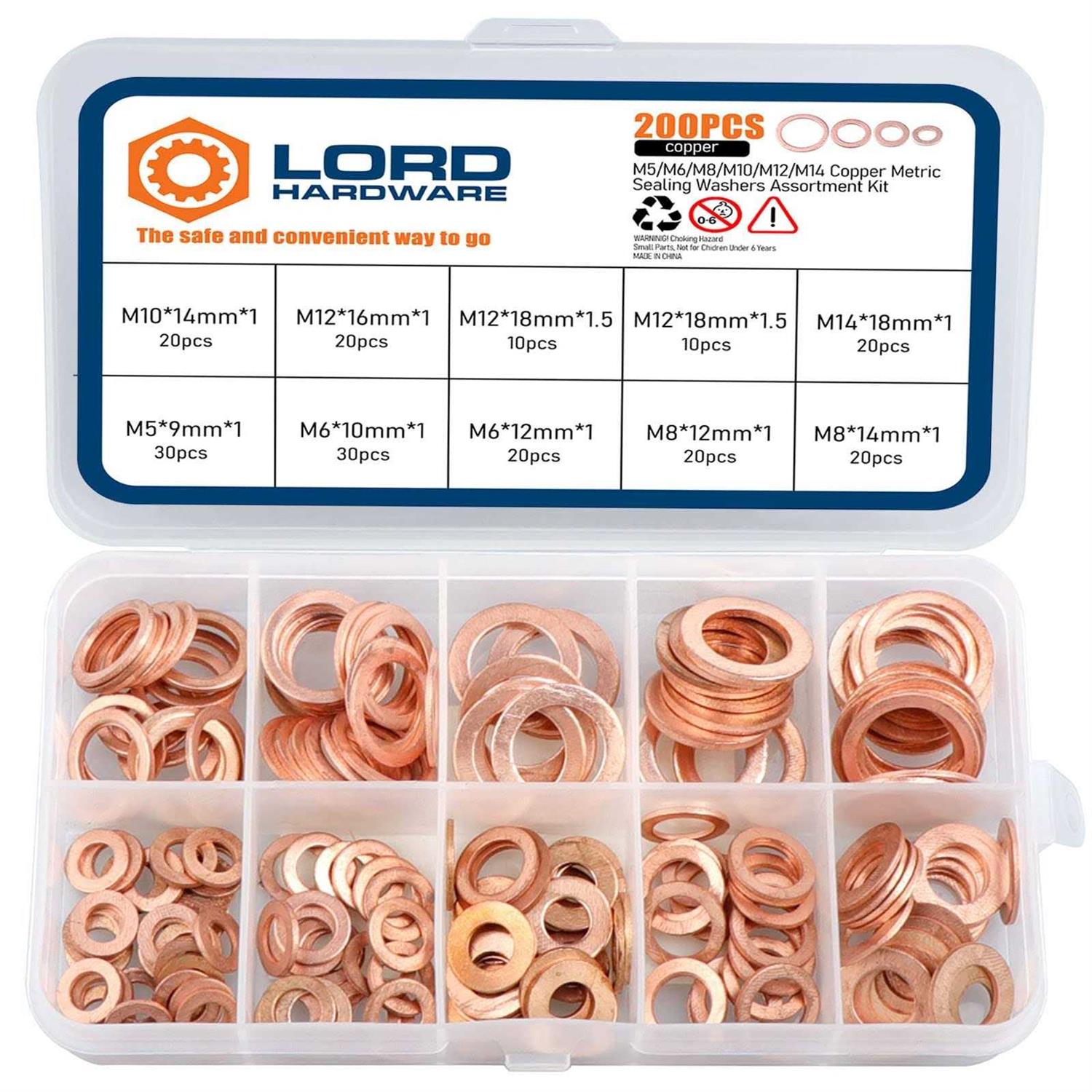 LordHardware 200pcs Copper Crush Metric Washers Assortment Kit Flat Sealing Washer M5 M6 M8 M10 M12 M14 - Cheap Fitting
