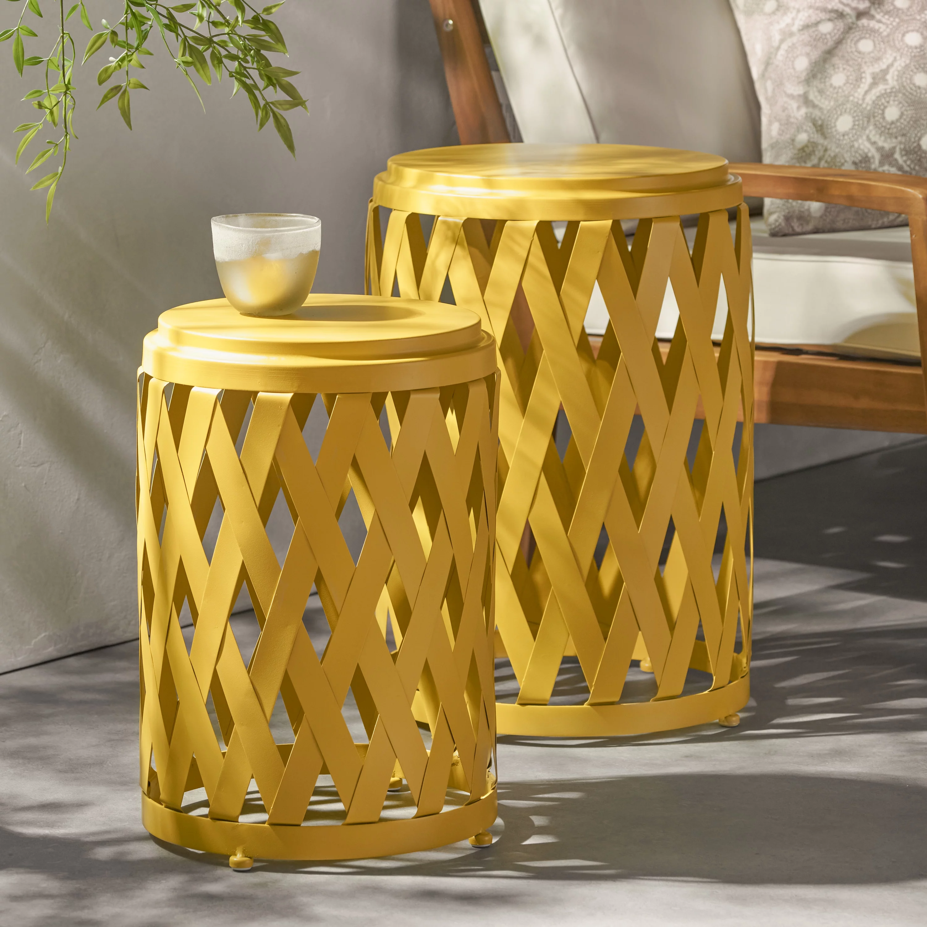 Spring Outdoor Small and Large Iron Side Table Set , Matte Yellow - Cheap Fitting