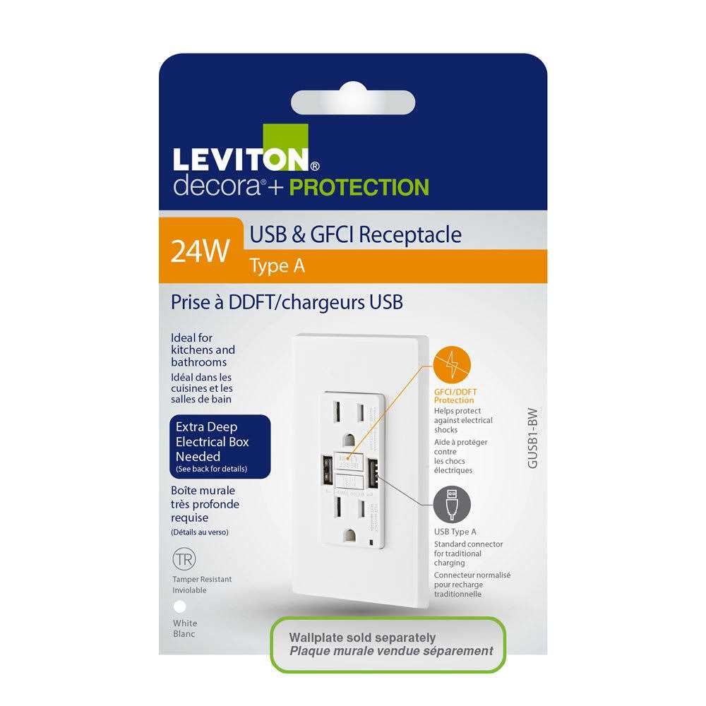 Leviton 15 Amp Smartlock Pro Self-Test GFCI Combination 24-Watt Type A USB In-Wall Charger Duplex Outlet - Cheap Fitting