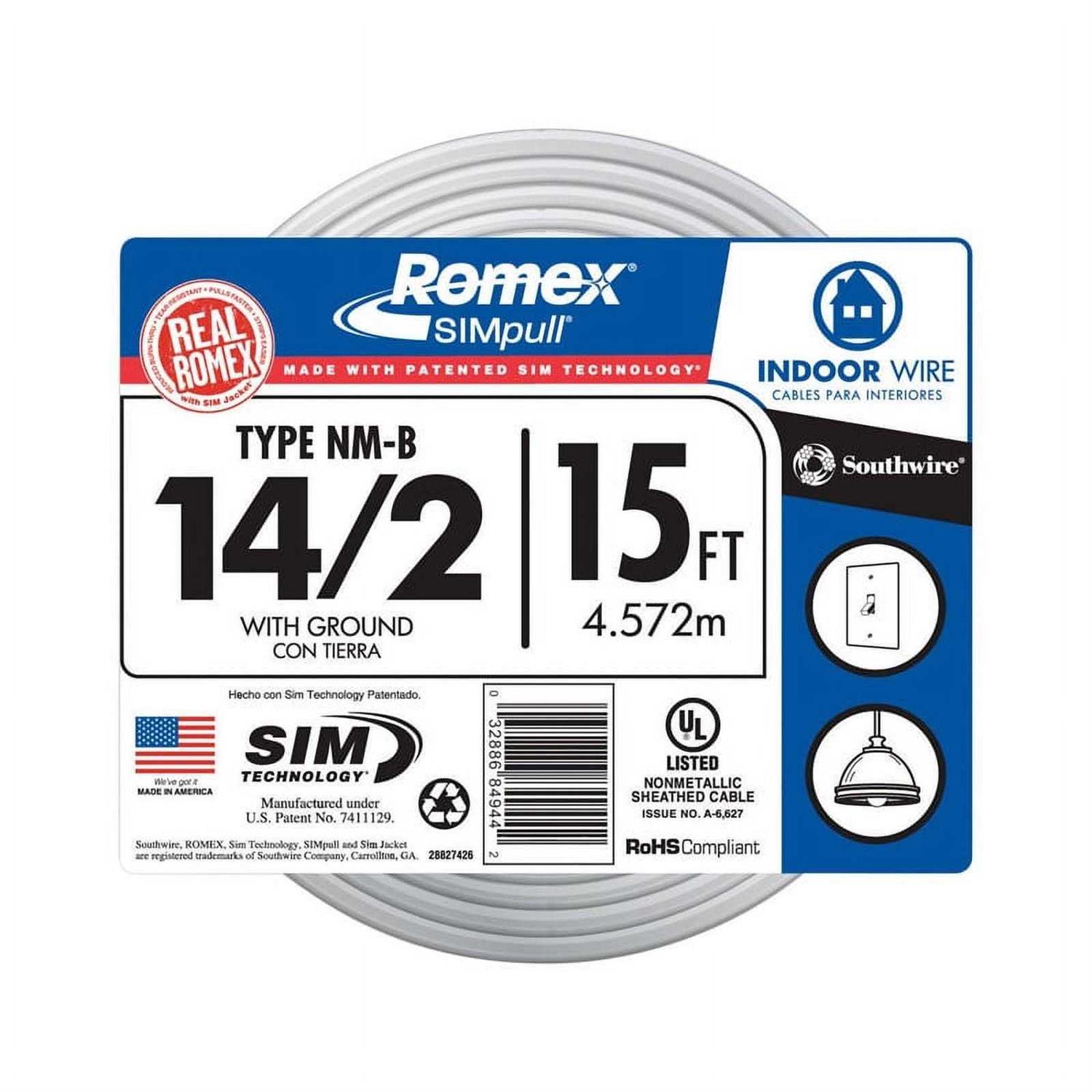 28827426 15′ 14/2 with Ground Romex Brand SIMpull Residential Indoor Electrical Wire Type NM-B, White - Cheap Fitting