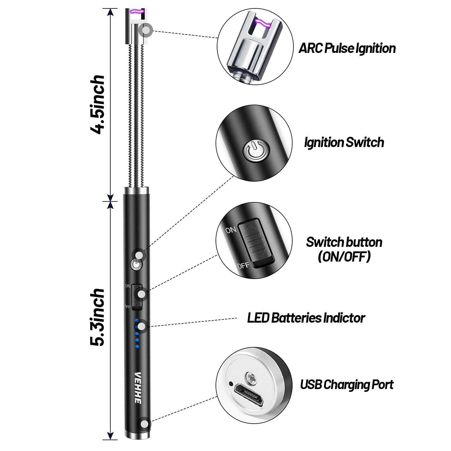 Vehhe Candle Lighter Electric Rechargeable Arc Lighter with LED Battery Display Long Flexible Neck USB Lighter for Light Candles Gas Stoves Camping - Cheap Fitting