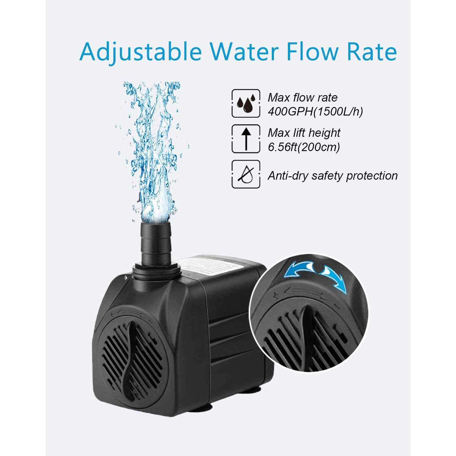 SongLong Submersible Pump 400GPH Ultra Quiet with Dry Burning Protection 6.5ft High Lift for Fountains - Cheap Fitting