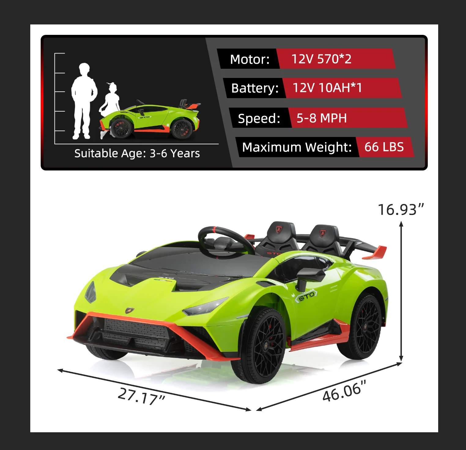 TOBBI 24V Lamborghini STO Licensed Kids Ride on Drift Car Gray Electric Car W/Remote Control LED Lights, up to 10 mph - Cheap Fitting