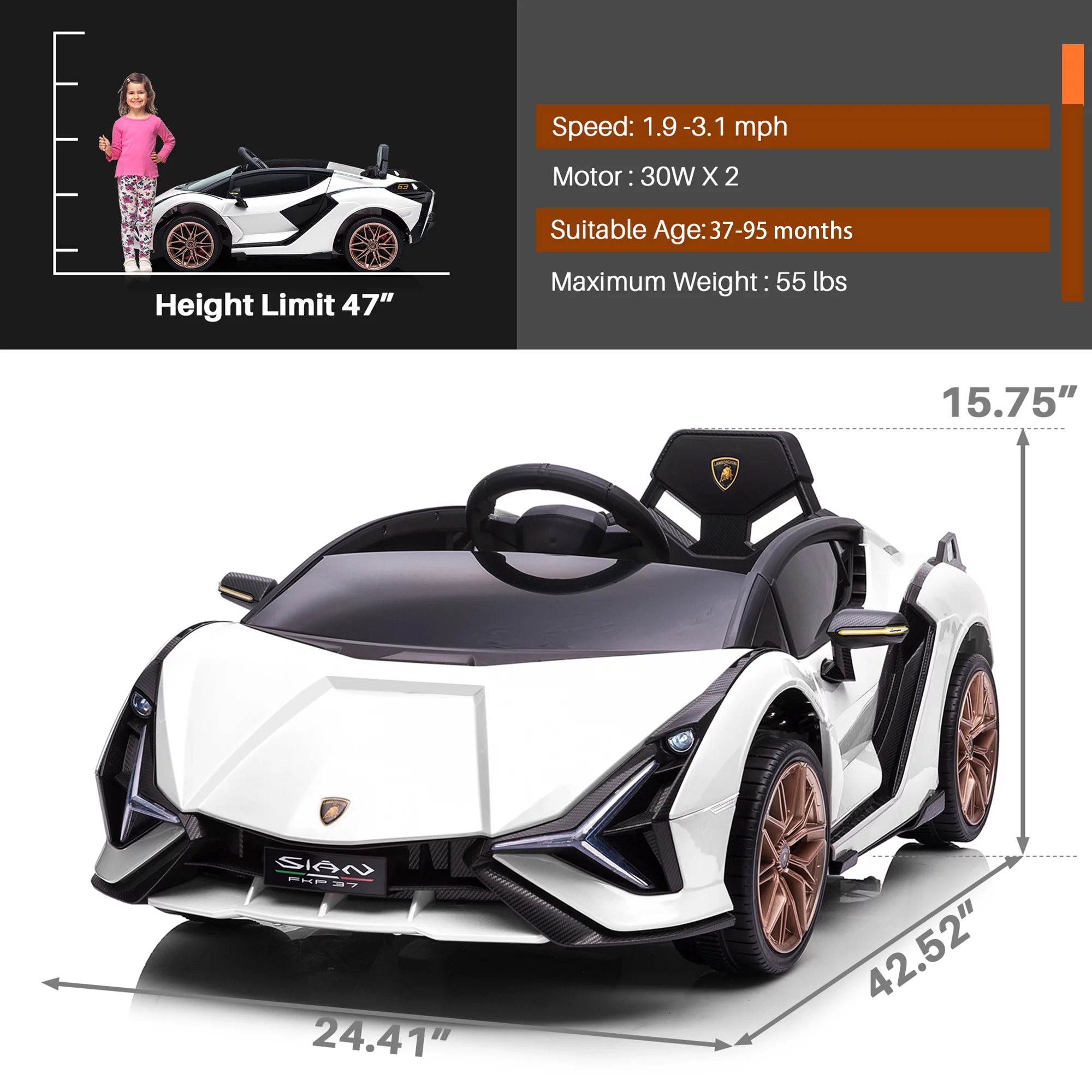 TOBBI 24V Lamborghini STO Licensed Kids Ride on Drift Car Gray Electric Car W/Remote Control LED Lights, up to 10 mph - Cheap Fitting