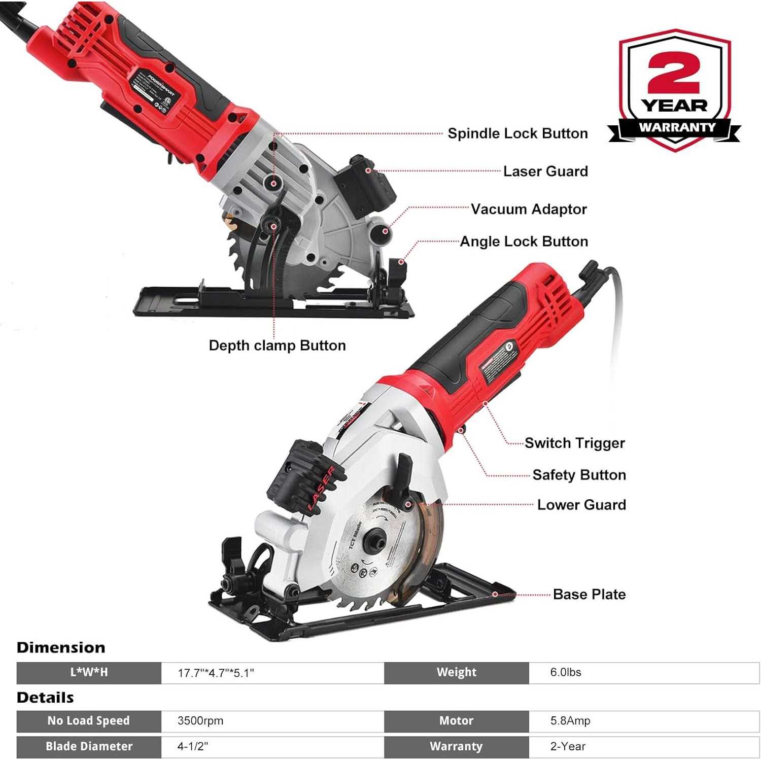 PowerSmart 4 Amp 4-1/2 Inch Mini Circular Saw with 2 Wood Blades and Laser Guide - Cheap Fitting