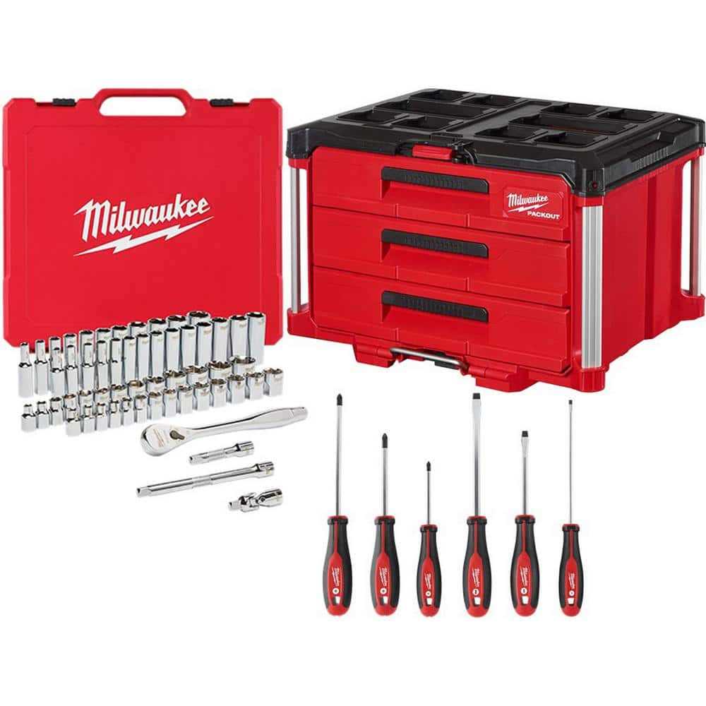 Milwaukee 3/8 in. Drive SAE/Metric Mechanics Tool Set with PACKOUT 3-Drawer Tool Box - Cheap Fitting
