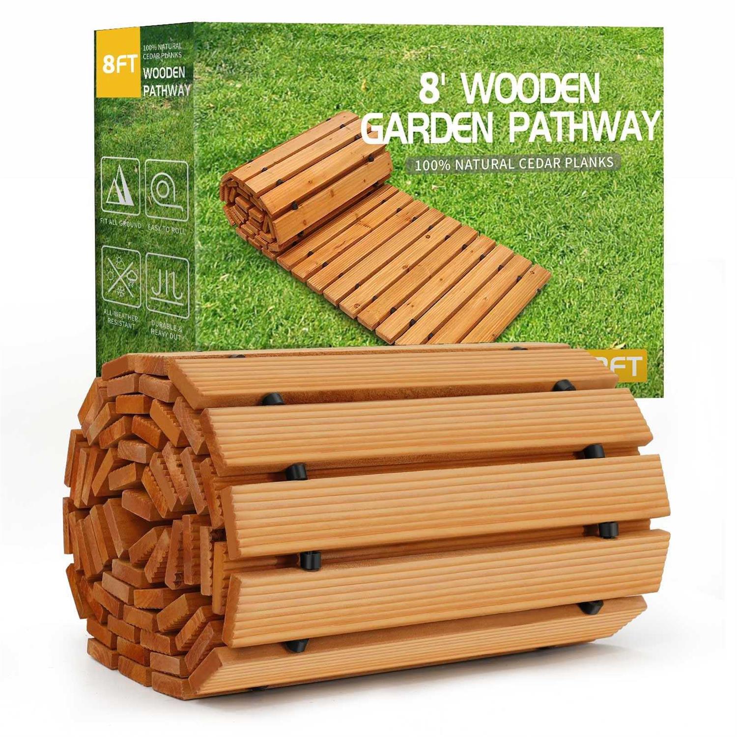 RELIANCER Wooden Garden Pathway,Outdoor Roll Out Cedar Straight Walkway,Patio Path Decorative Garden Boardwalk Walkways,Weather-Resistant Roll Up - Cheap Fitting