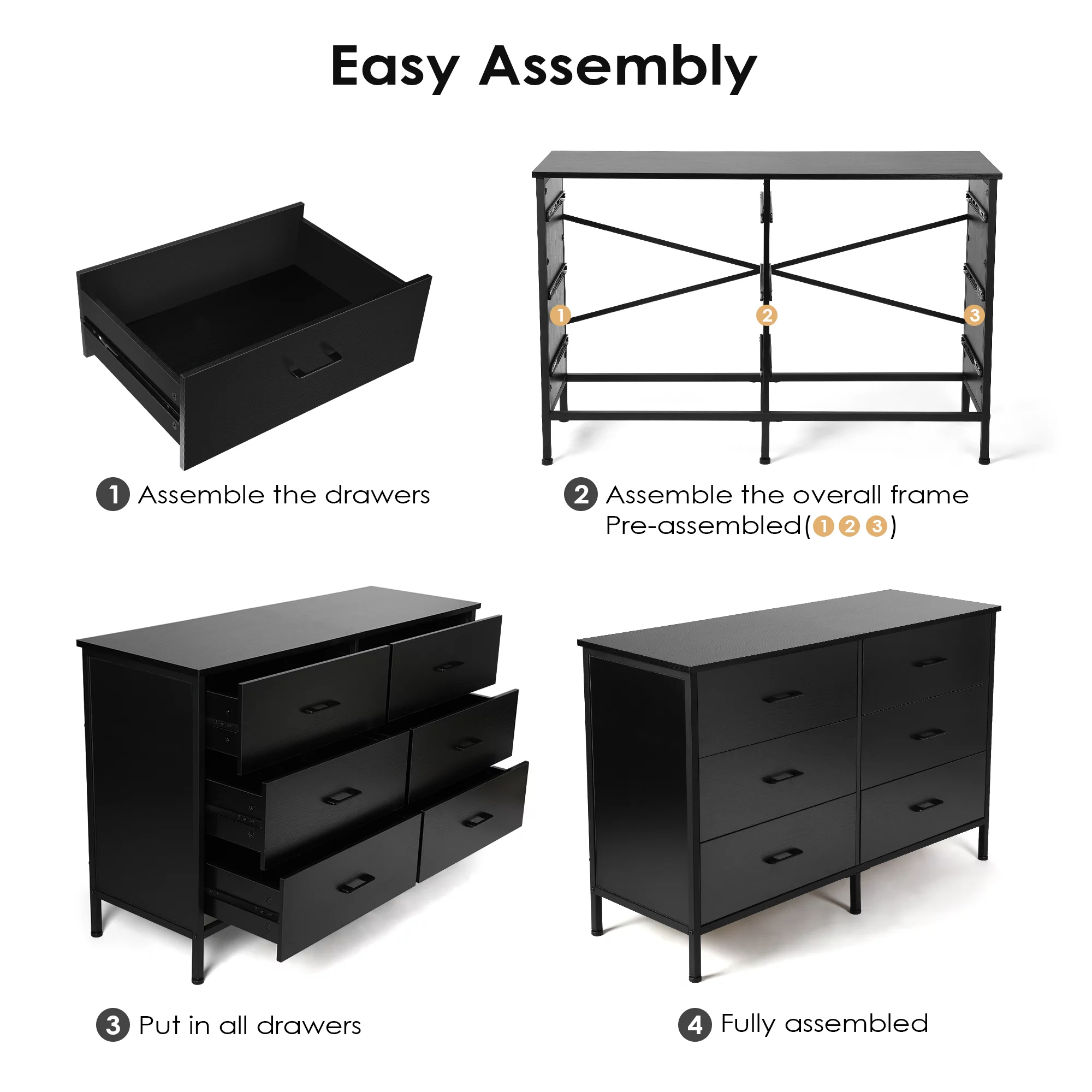 47.3'' Drawer Dresser Chest of 6 Drawers, Storage Dresser Tower for Bedroom, Living Room, Hallway, Nursery, White Storage Cabinet Wooden Dresser with Steel Frame, White - Cheap Fitting