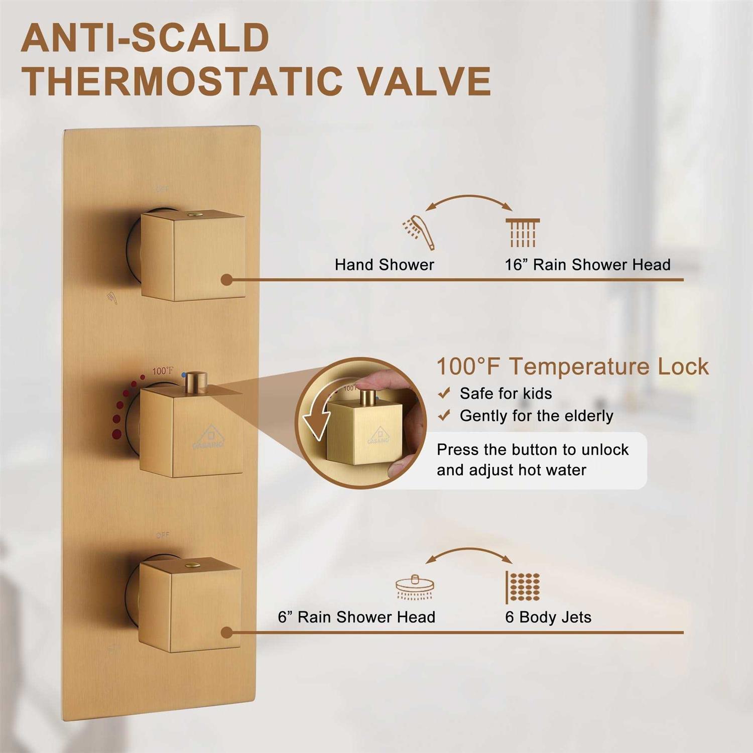 16 Deluxe Showerhead Dual Shower Head System with Slide Bar & 6 Body Jets-CASAINC KCHS0019-16MB - Cheap Fitting
